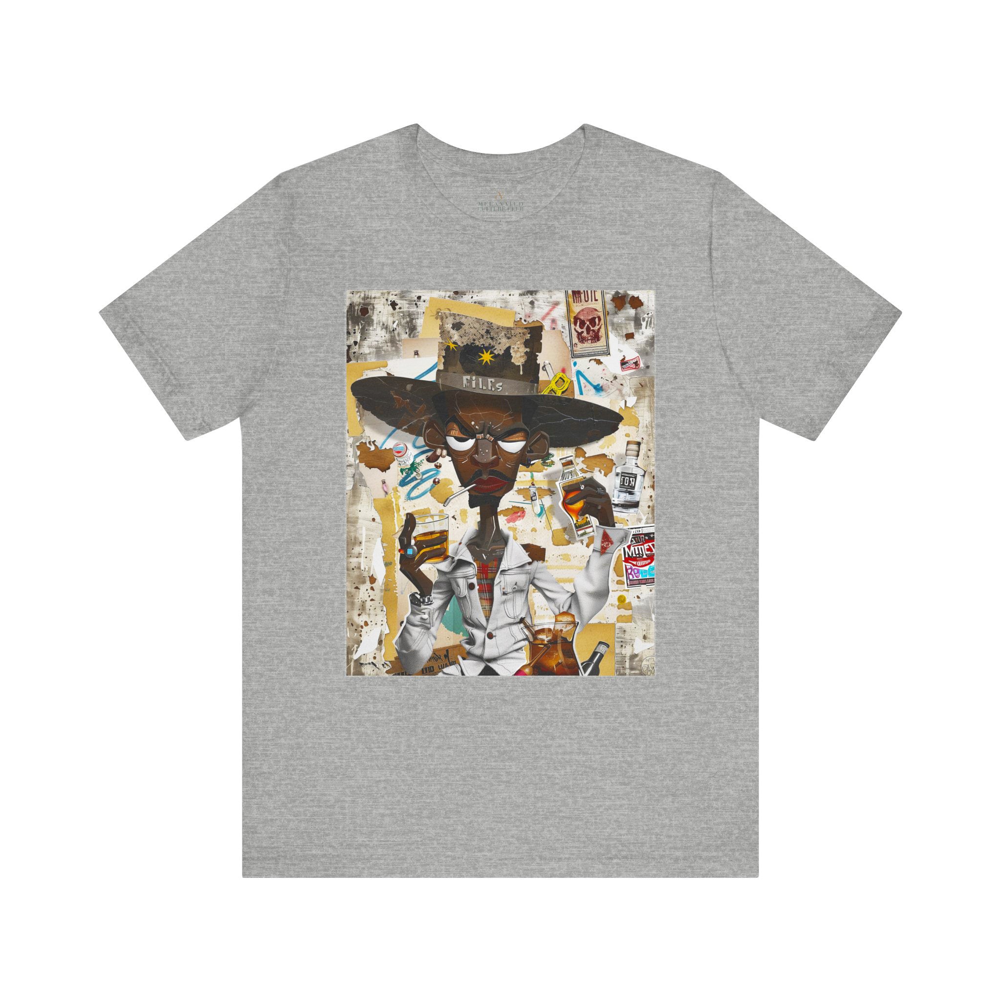Cowboy Tee featuring a cartoon-style African American cowboy smoking a cigarette and drinking whiskey. A bold, graffiti collage pop art design with an edgy Western and Afrocentric cultural vibe.