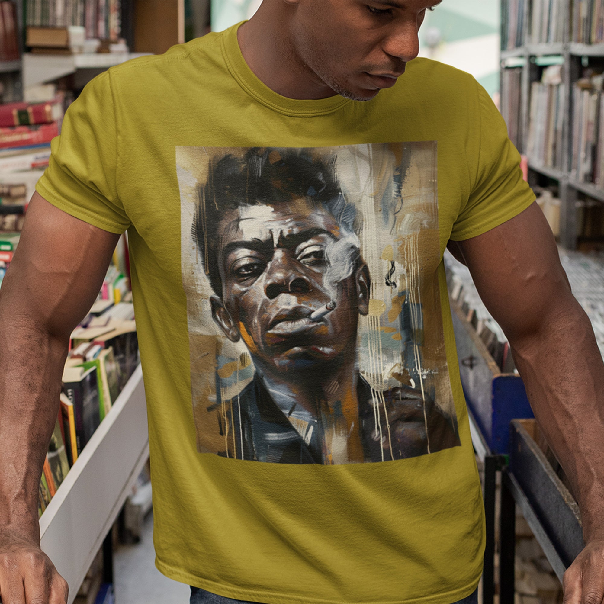 James Baldwin Tee Shirt featuring African American civil rights activist, bold Afrocentric streetwear design, unisex Black culture fashion top.