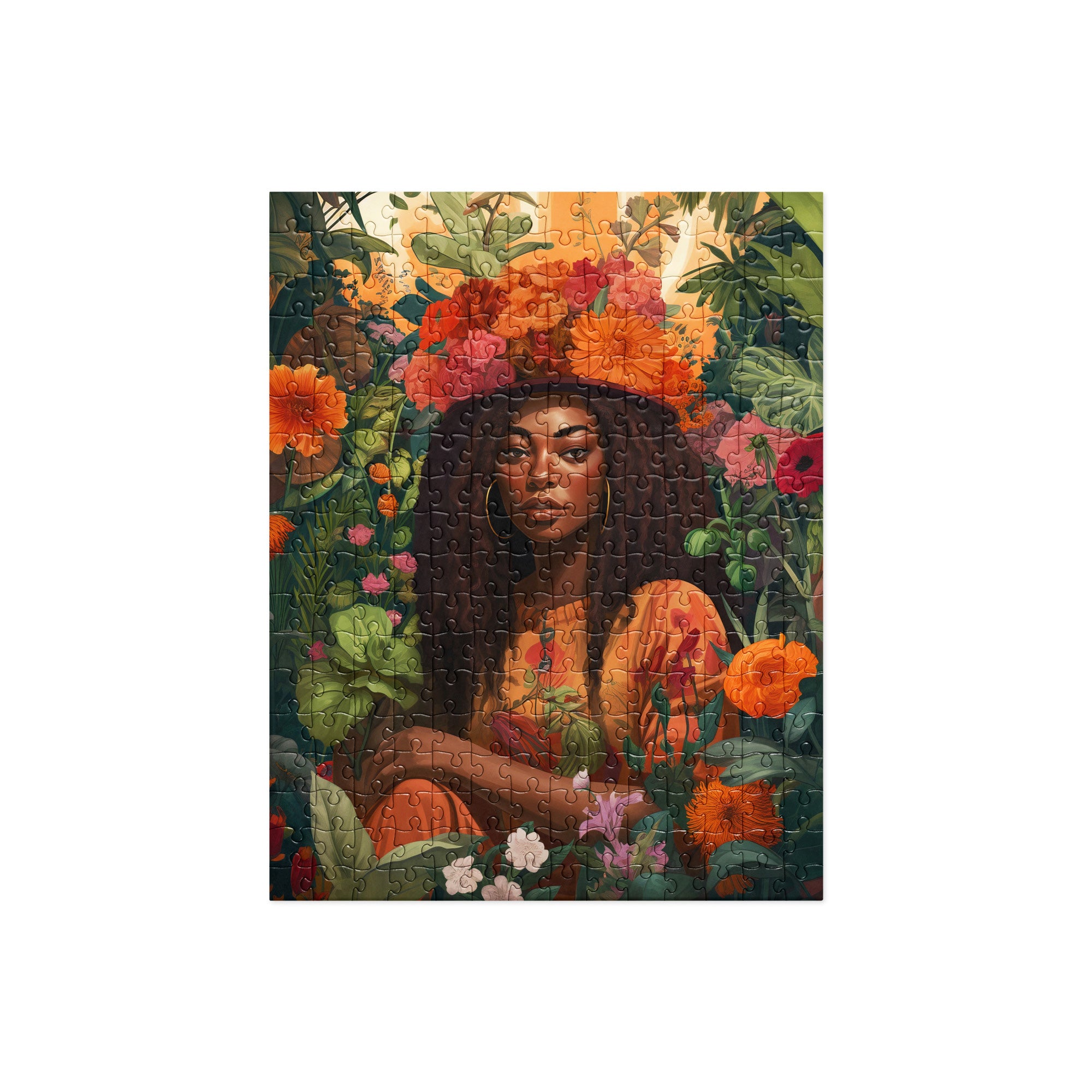 Black Girl in the Garden Jigsaw Puzzle featuring an Afrocentric lady in a serene wildflower landscape. A beautiful floral field scene, perfect for garden lovers, puzzle enthusiasts, and housewarming gifts.