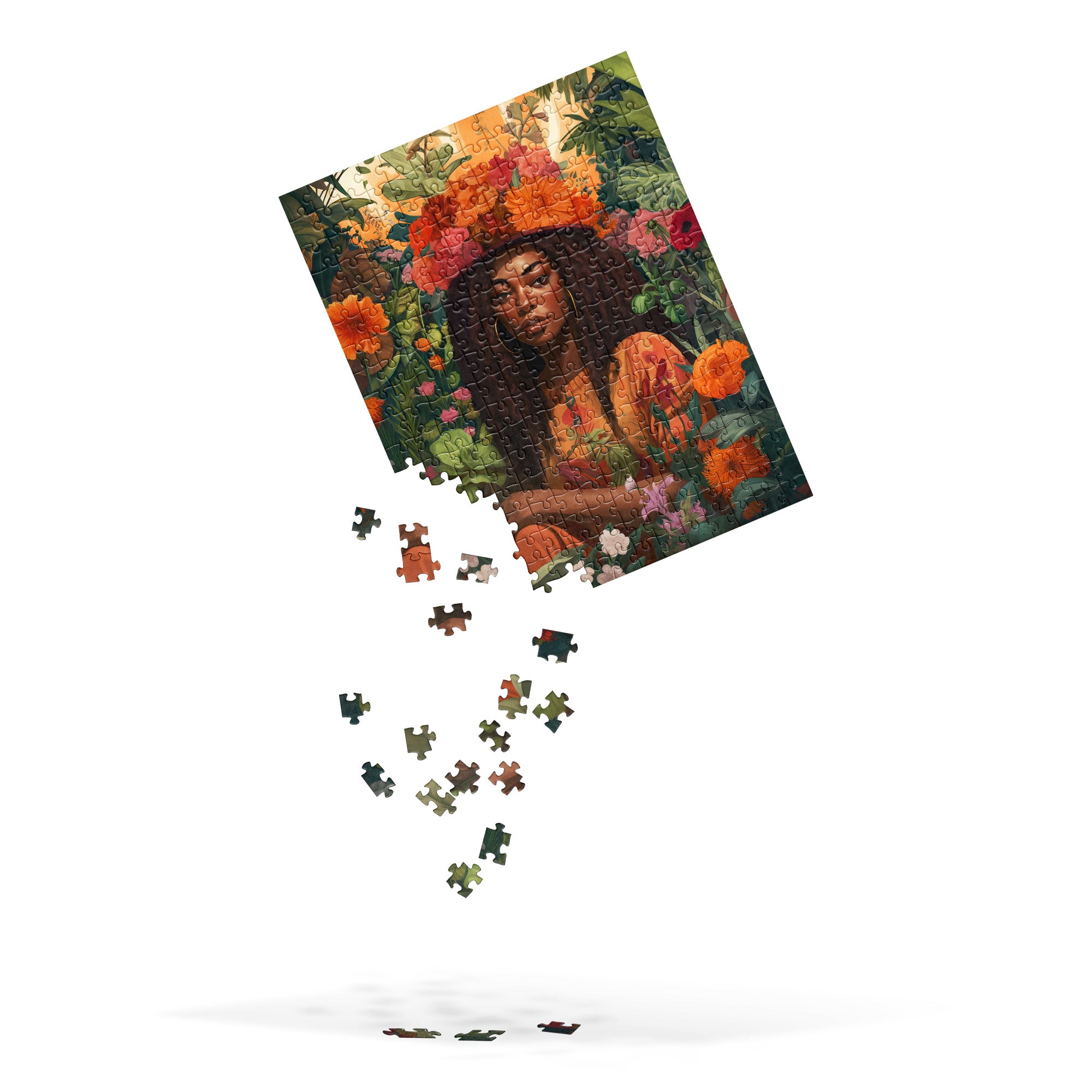 Black Girl in the Garden Jigsaw Puzzle featuring an Afrocentric lady in a serene wildflower landscape. A beautiful floral field scene, perfect for garden lovers, puzzle enthusiasts, and housewarming gifts.