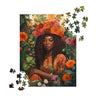 Black Girl in the Garden Jigsaw Puzzle featuring an Afrocentric lady in a serene wildflower landscape. A beautiful floral field scene, perfect for garden lovers, puzzle enthusiasts, and housewarming gifts.