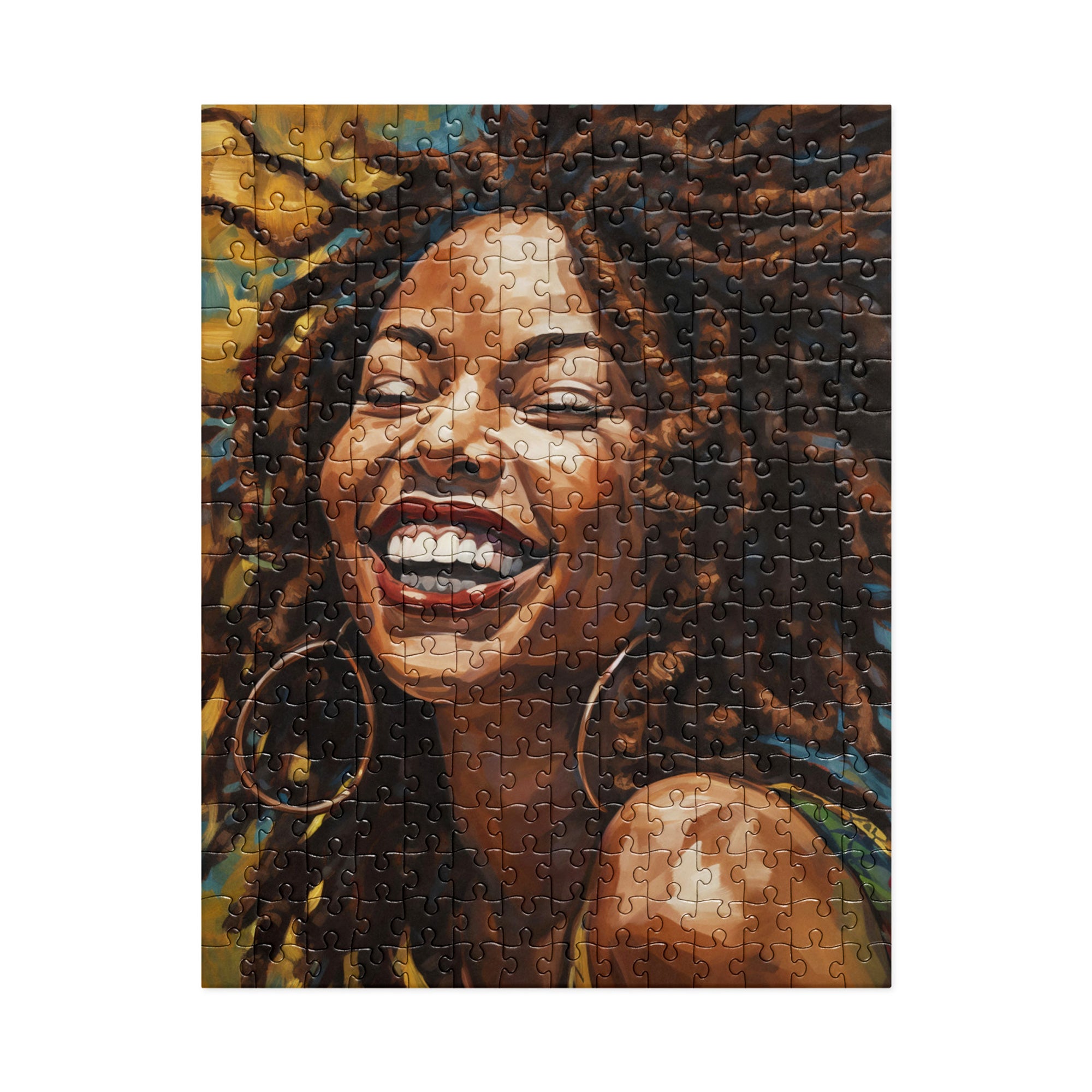Afro Locs Girl Jigsaw Puzzle featuring a beautiful African American woman with natural locs, smiling radiantly. A celebration of Black beauty, culture, and self-love with vibrant artwork perfect for puzzle enthusiasts and art lovers.
