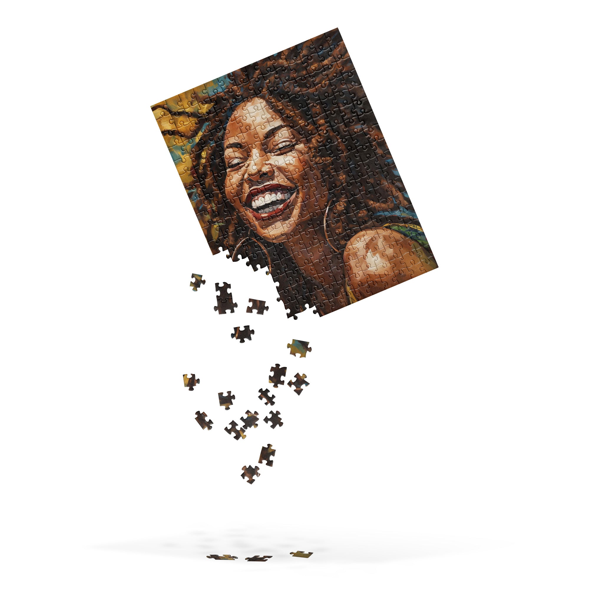 Afro Locs Girl Jigsaw Puzzle featuring a beautiful African American woman with natural locs, smiling radiantly. A celebration of Black beauty, culture, and self-love with vibrant artwork perfect for puzzle enthusiasts and art lovers.