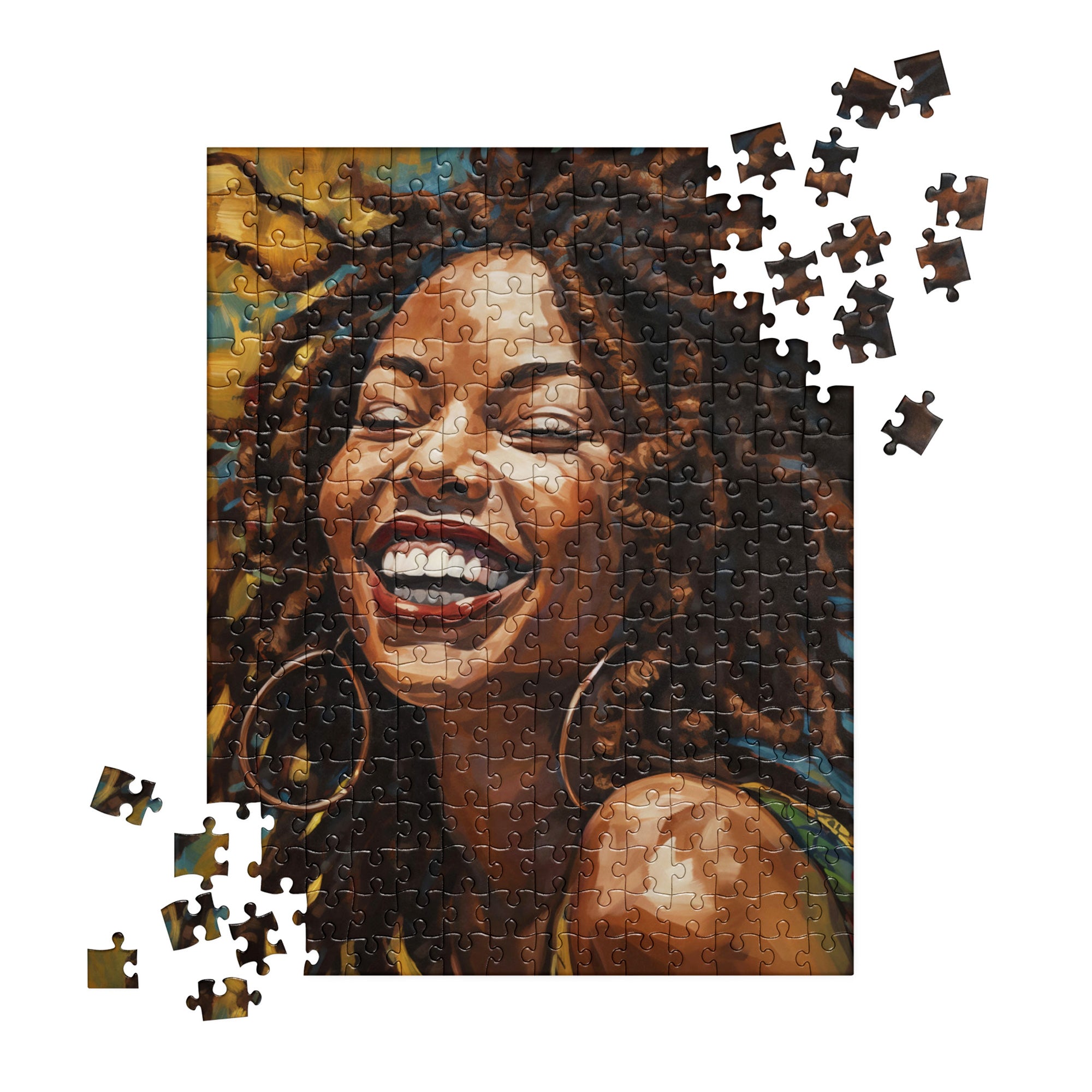 Afro Locs Girl Jigsaw Puzzle featuring a beautiful African American woman with natural locs, smiling radiantly. A celebration of Black beauty, culture, and self-love with vibrant artwork perfect for puzzle enthusiasts and art lovers.