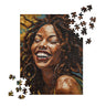 Afro Locs Girl Jigsaw Puzzle featuring a beautiful African American woman with natural locs, smiling radiantly. A celebration of Black beauty, culture, and self-love with vibrant artwork perfect for puzzle enthusiasts and art lovers.