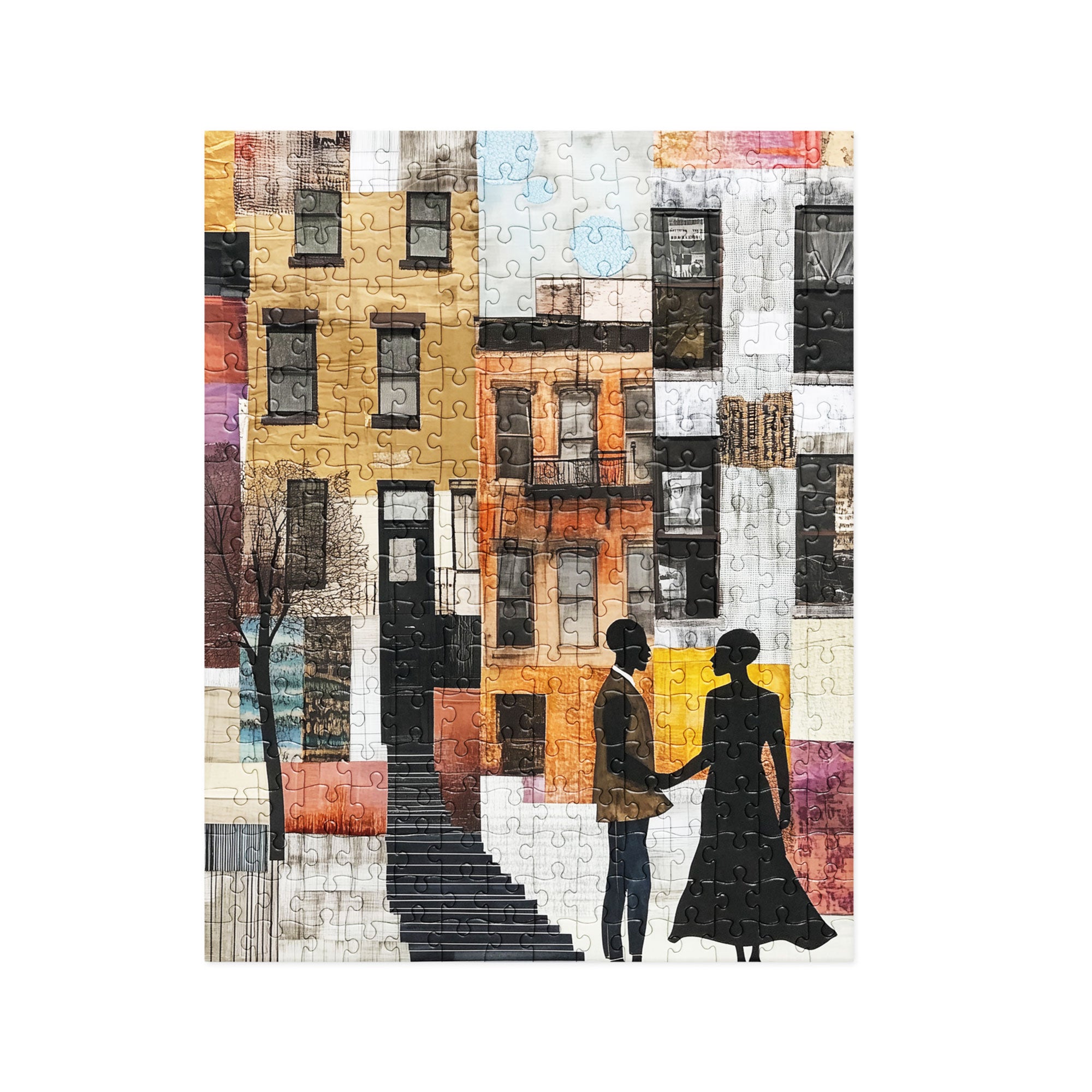 Jigsaw puzzle featuring a romantic scene of a Black couple in front of iconic Harlem brownstones. Depicts love, connection, and Harlem neighborhood lifestyle in an artistic and meaningful design.