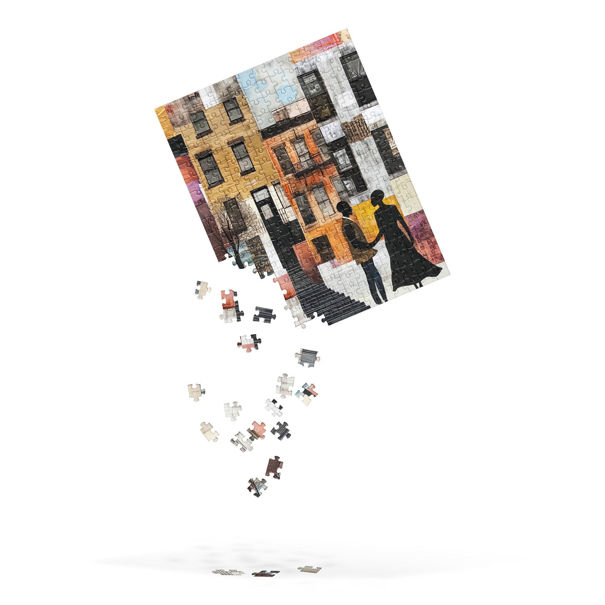 Jigsaw puzzle featuring a romantic scene of a Black couple in front of iconic Harlem brownstones. Depicts love, connection, and Harlem neighborhood lifestyle in an artistic and meaningful design.
