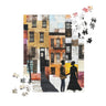 Jigsaw puzzle featuring a romantic scene of a Black couple in front of iconic Harlem brownstones. Depicts love, connection, and Harlem neighborhood lifestyle in an artistic and meaningful design.
