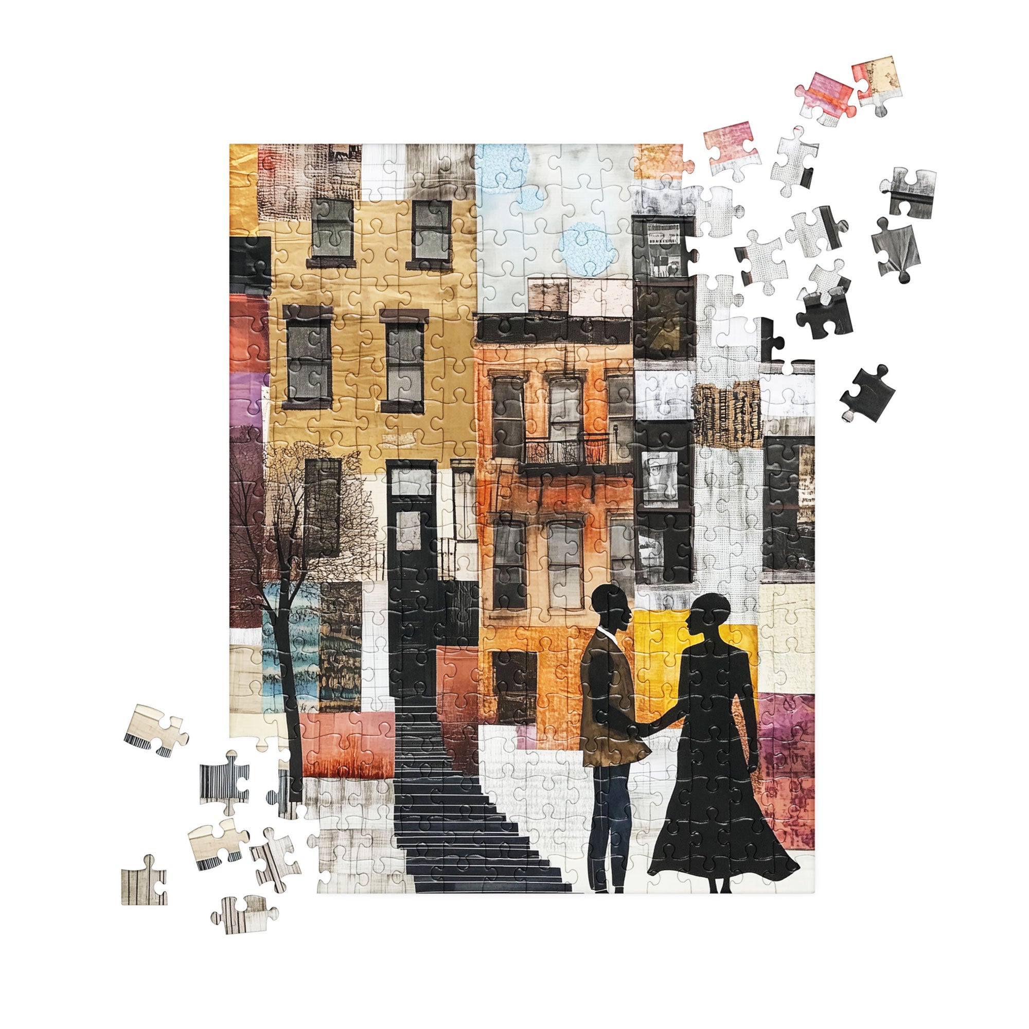 Jigsaw puzzle featuring a romantic scene of a Black couple in front of iconic Harlem brownstones. Depicts love, connection, and Harlem neighborhood lifestyle in an artistic and meaningful design.