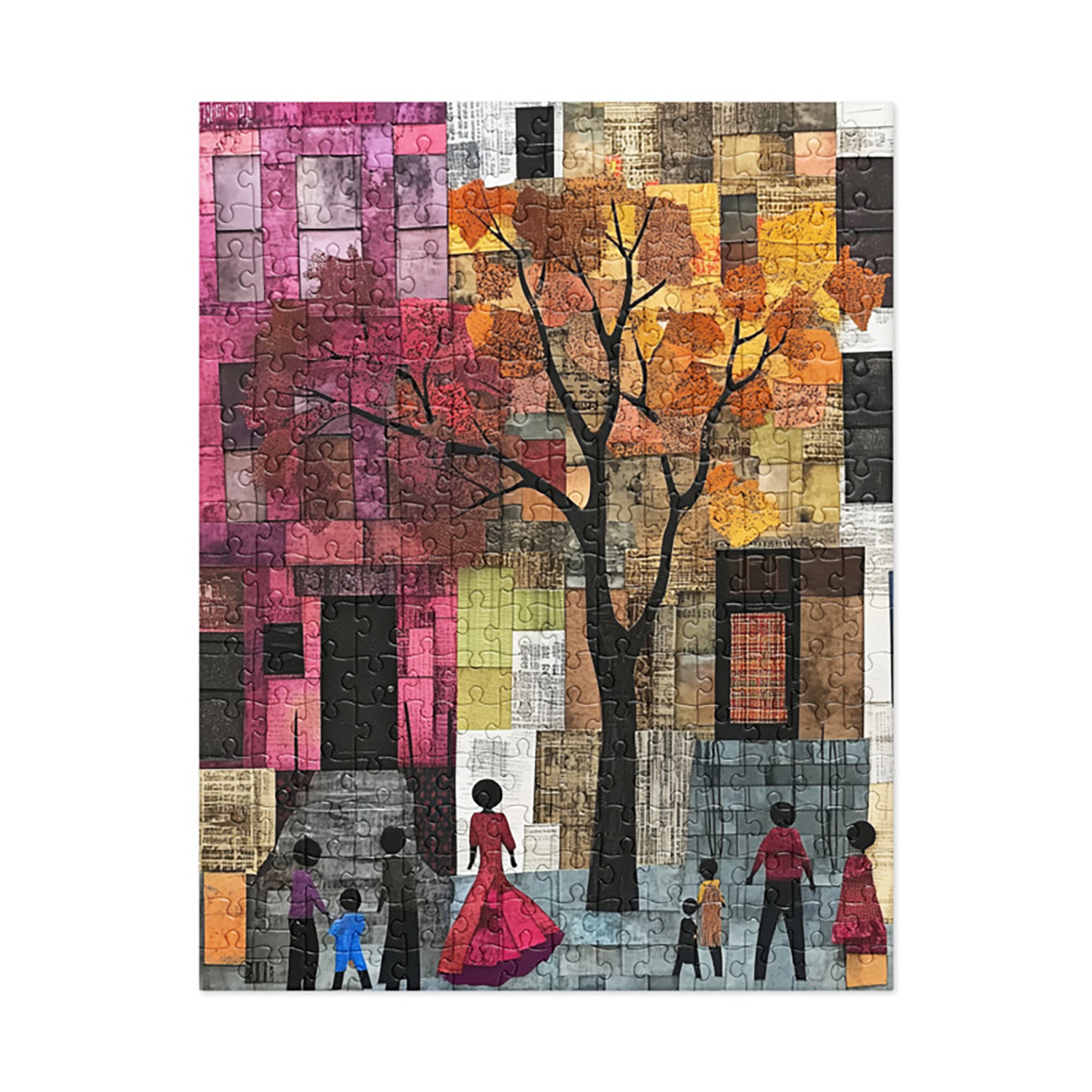 Afrocentric jigsaw puzzle featuring abstract African American art of Harlem street life. Silhouette figures walk through a patchwork-inspired cityscape with bold colors and geometric patterns, celebrating Black culture and community.