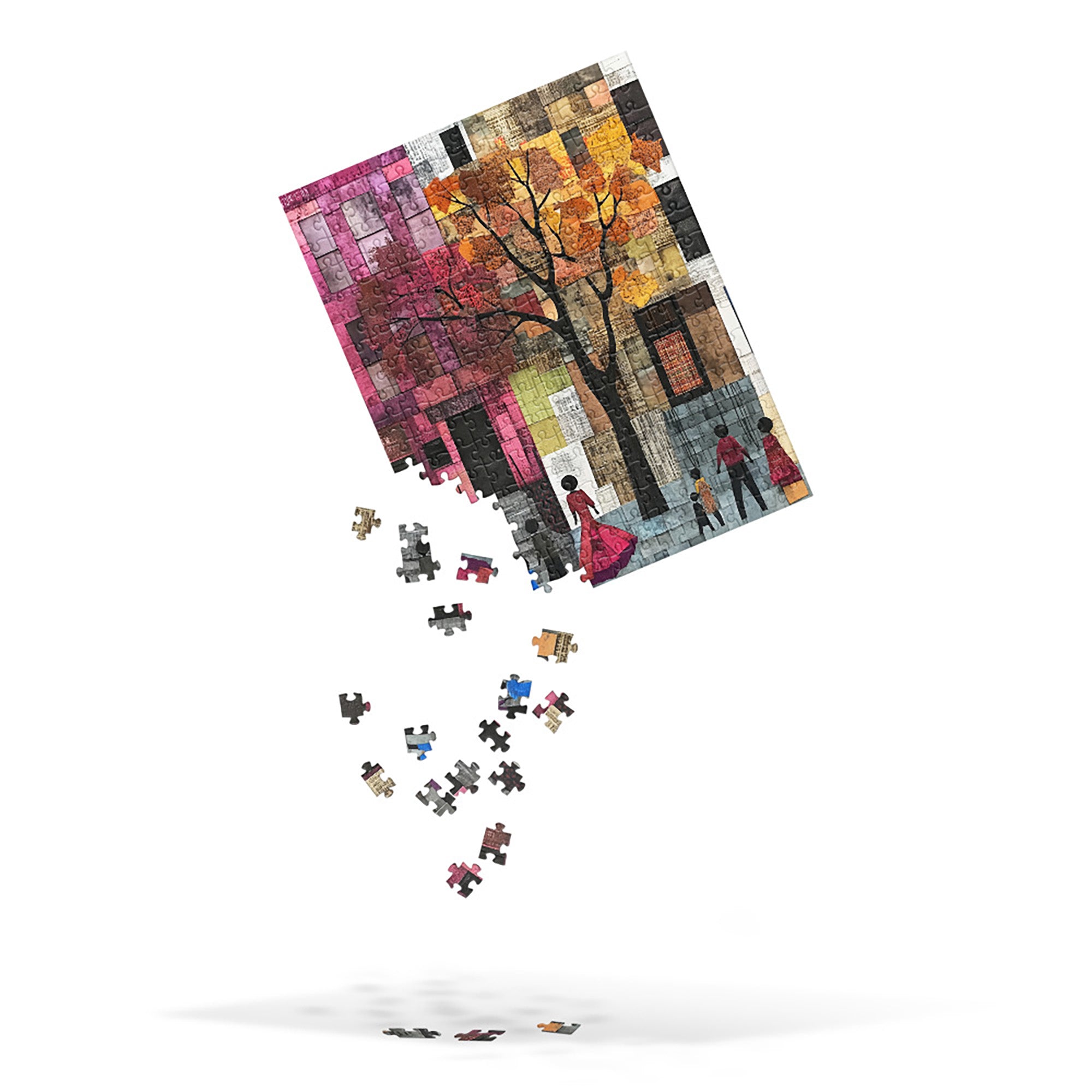 Afrocentric jigsaw puzzle featuring abstract African American art of Harlem street life. Silhouette figures walk through a patchwork-inspired cityscape with bold colors and geometric patterns, celebrating Black culture and community.