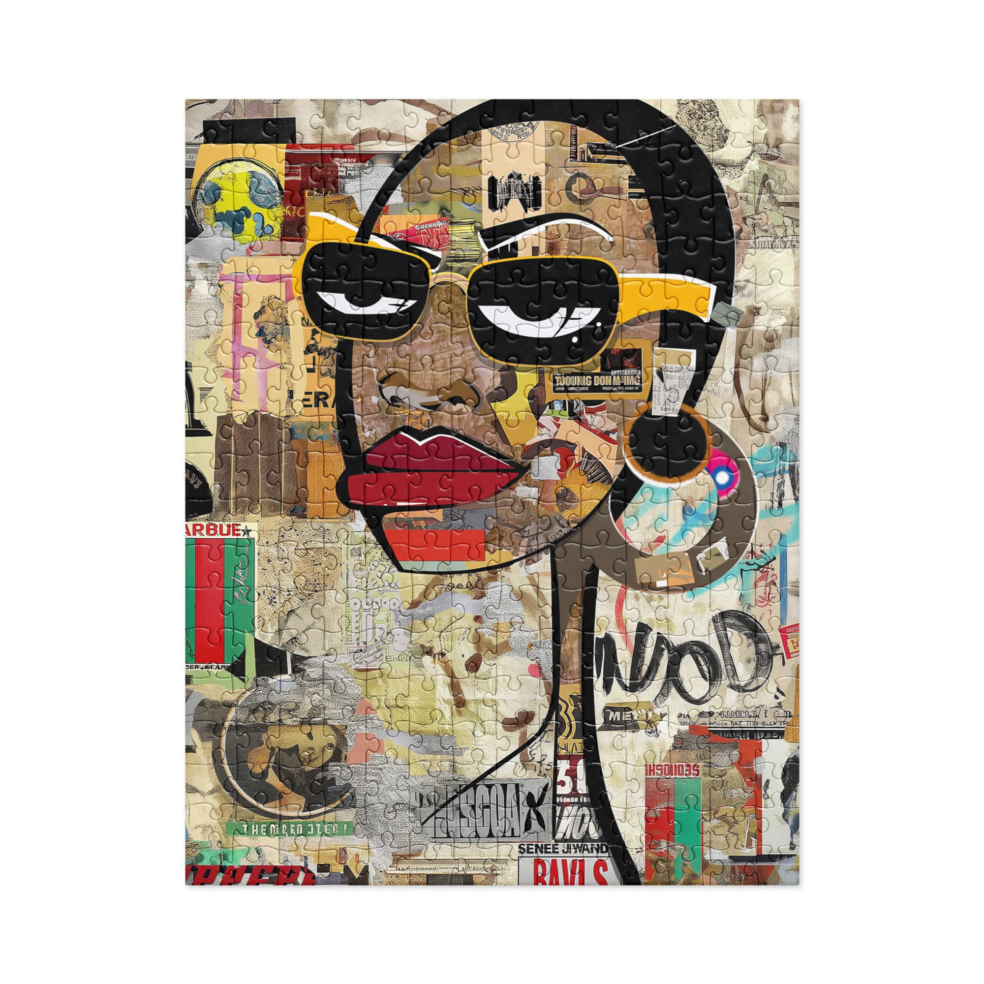 Boss Babe  Black Woman Puzzle Cartoon Graffiti Style Jigsaw Puzzle African American Girl Fashion Stylish Yellow Frame Eyeglasses Art Family Game Gift.  When completed, frame this jigsaw puzzle and hang to add to your decor.