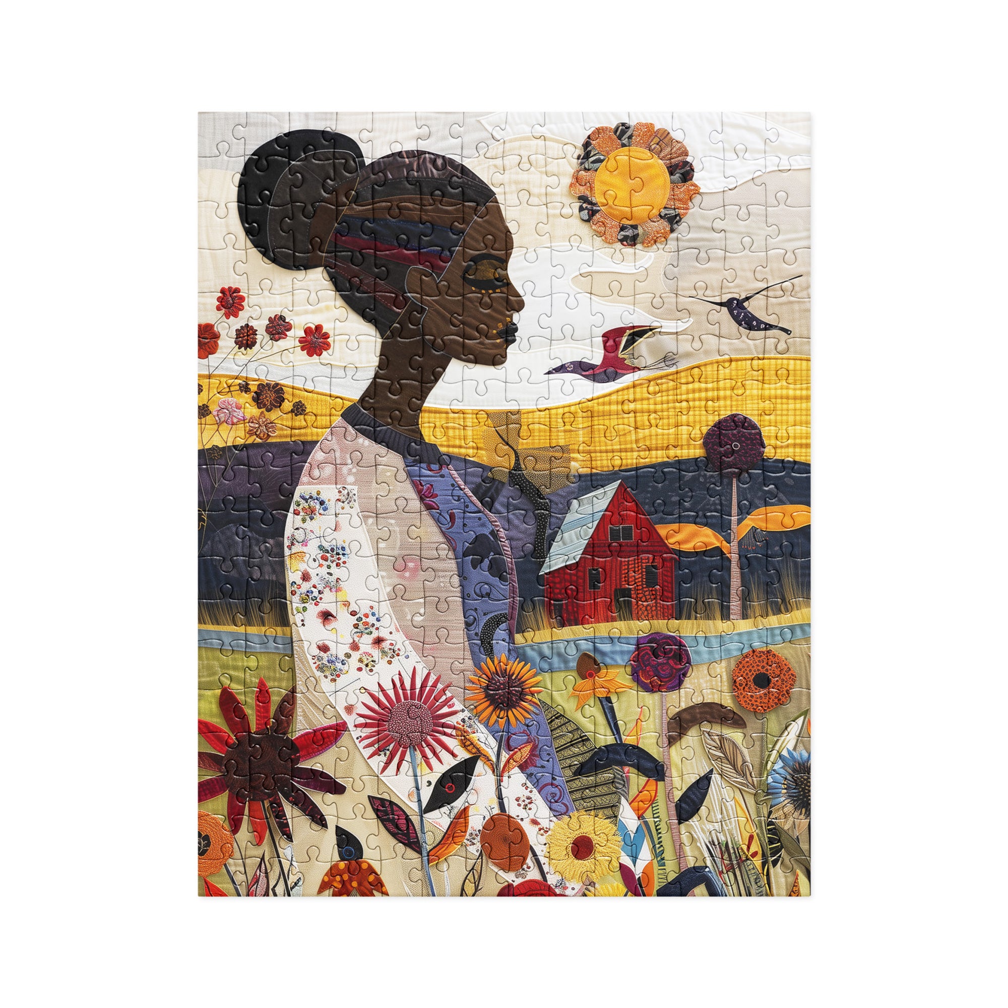 Garden Oasis Black Woman Jigsaw Puzzle featuring a floral nature scene. A perfect gift for gardening lovers and a beautiful Afrocentric art therapy activity celebrating African American women.