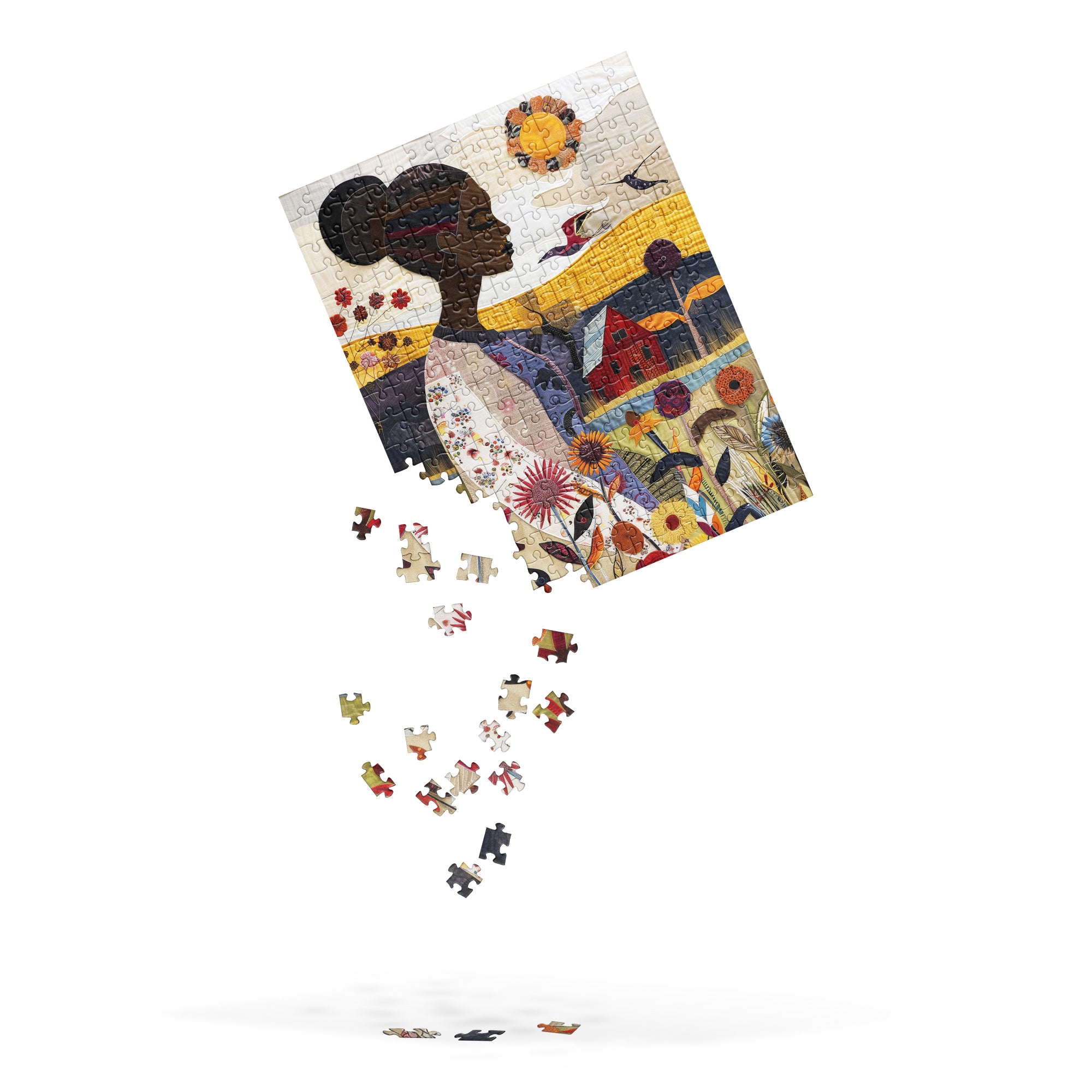 Garden Oasis Black Woman Jigsaw Puzzle featuring a floral nature scene. A perfect gift for gardening lovers and a beautiful Afrocentric art therapy activity celebrating African American women.