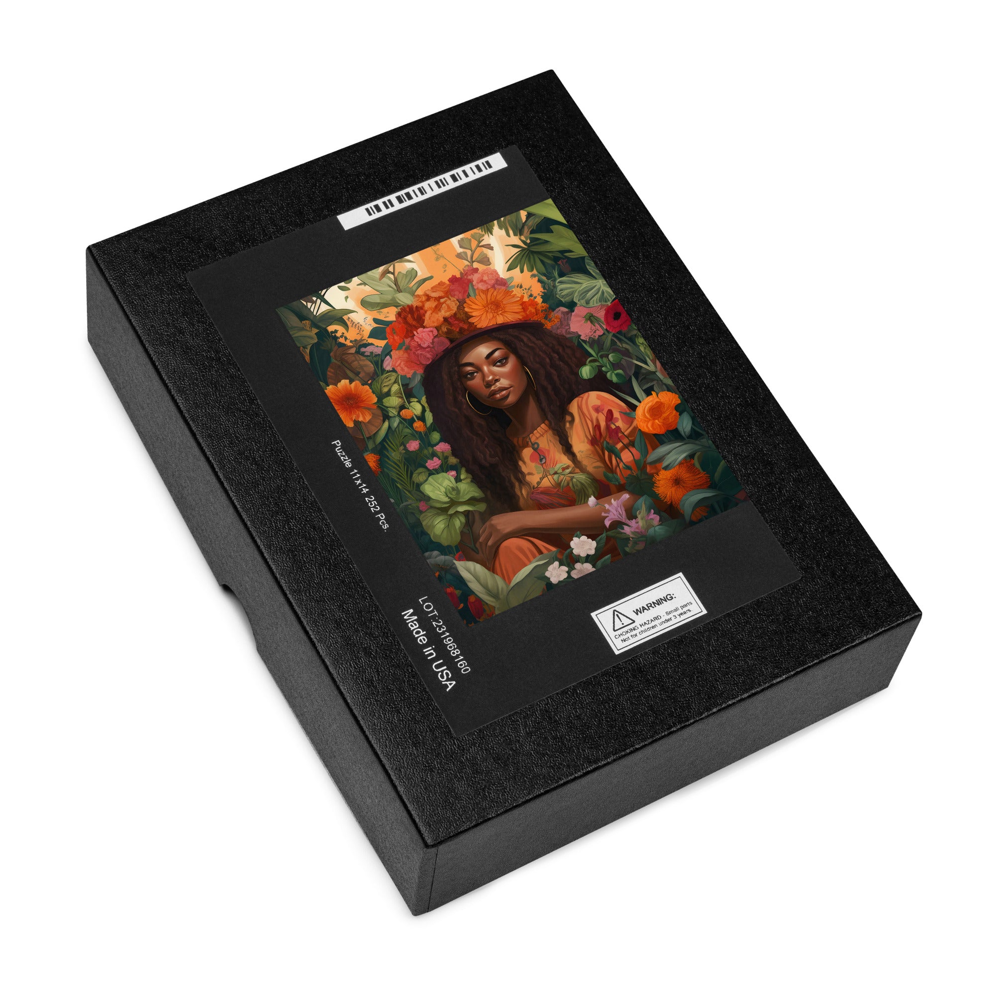 Black Girl in the Garden Jigsaw Puzzle featuring an Afrocentric lady in a serene wildflower landscape. A beautiful floral field scene, perfect for garden lovers, puzzle enthusiasts, and housewarming gifts.