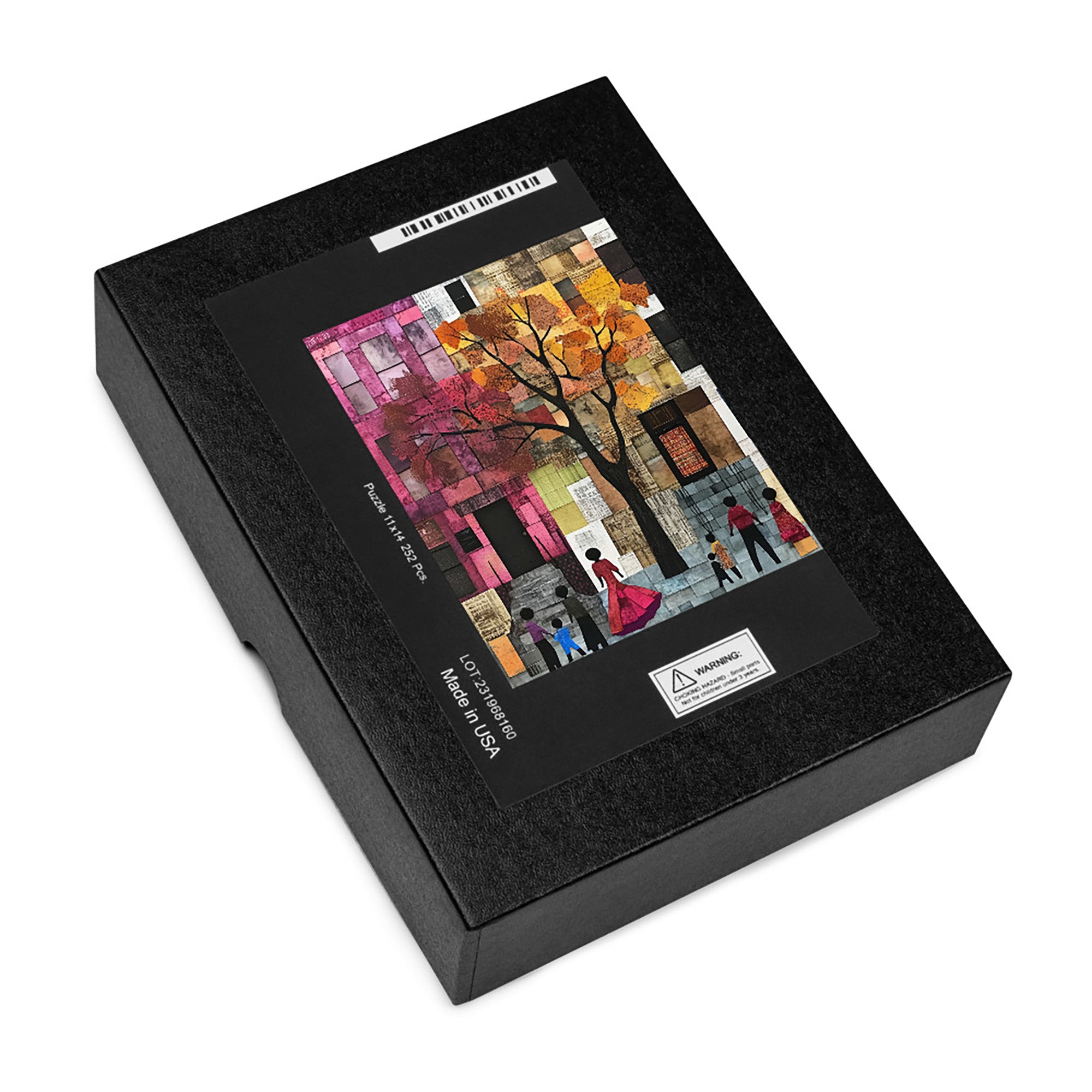 Afrocentric jigsaw puzzle featuring abstract African American art of Harlem street life. Silhouette figures walk through a patchwork-inspired cityscape with bold colors and geometric patterns, celebrating Black culture and community.