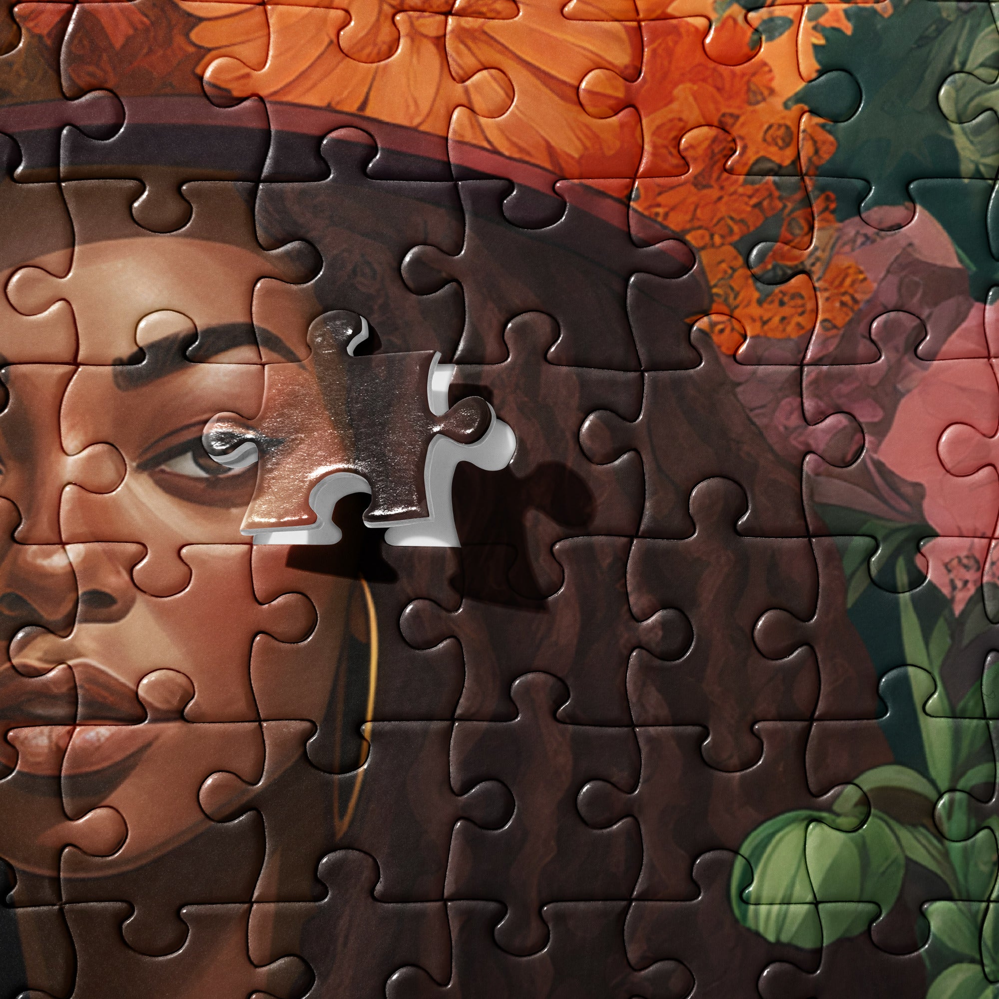 Black Girl in the Garden Jigsaw Puzzle featuring an Afrocentric lady in a serene wildflower landscape. A beautiful floral field scene, perfect for garden lovers, puzzle enthusiasts, and housewarming gifts.