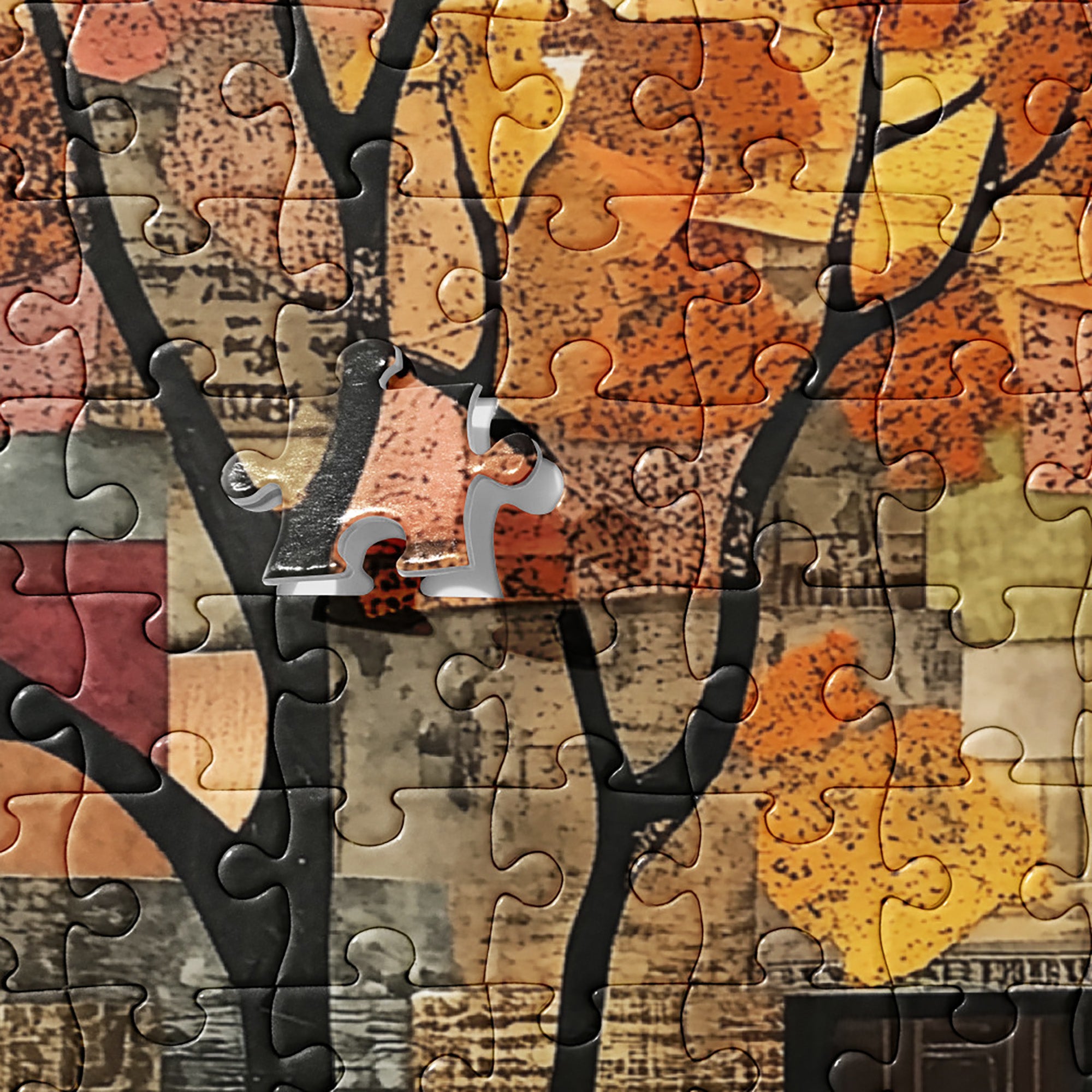 Afrocentric jigsaw puzzle featuring abstract African American art of Harlem street life. Silhouette figures walk through a patchwork-inspired cityscape with bold colors and geometric patterns, celebrating Black culture and community.