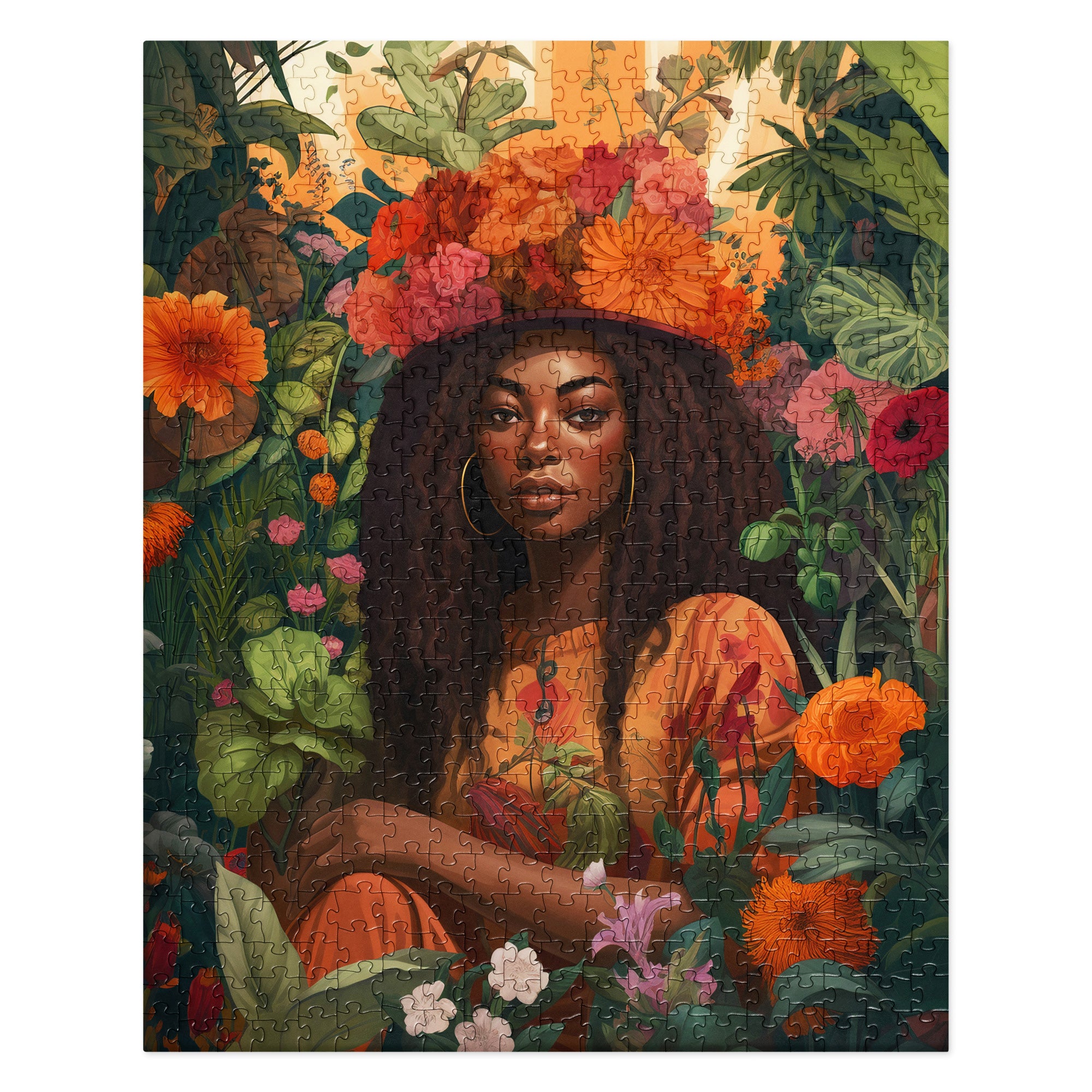 Black Girl in the Garden Jigsaw Puzzle featuring an Afrocentric lady in a serene wildflower landscape. A beautiful floral field scene, perfect for garden lovers, puzzle enthusiasts, and housewarming gifts.