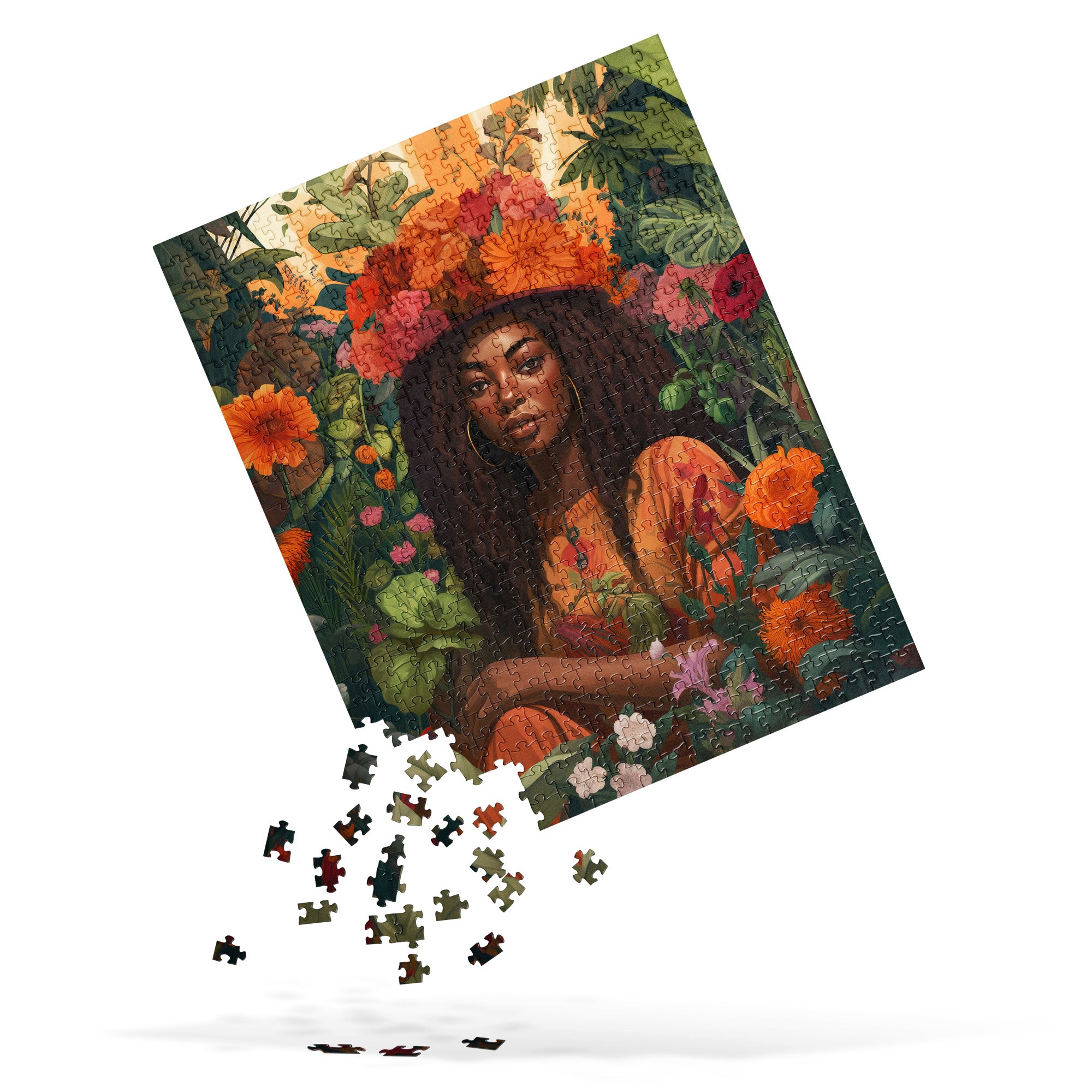 Black Girl in the Garden Jigsaw Puzzle featuring an Afrocentric lady in a serene wildflower landscape. A beautiful floral field scene, perfect for garden lovers, puzzle enthusiasts, and housewarming gifts.
