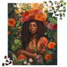 Black Girl in the Garden Jigsaw Puzzle featuring an Afrocentric lady in a serene wildflower landscape. A beautiful floral field scene, perfect for garden lovers, puzzle enthusiasts, and housewarming gifts.