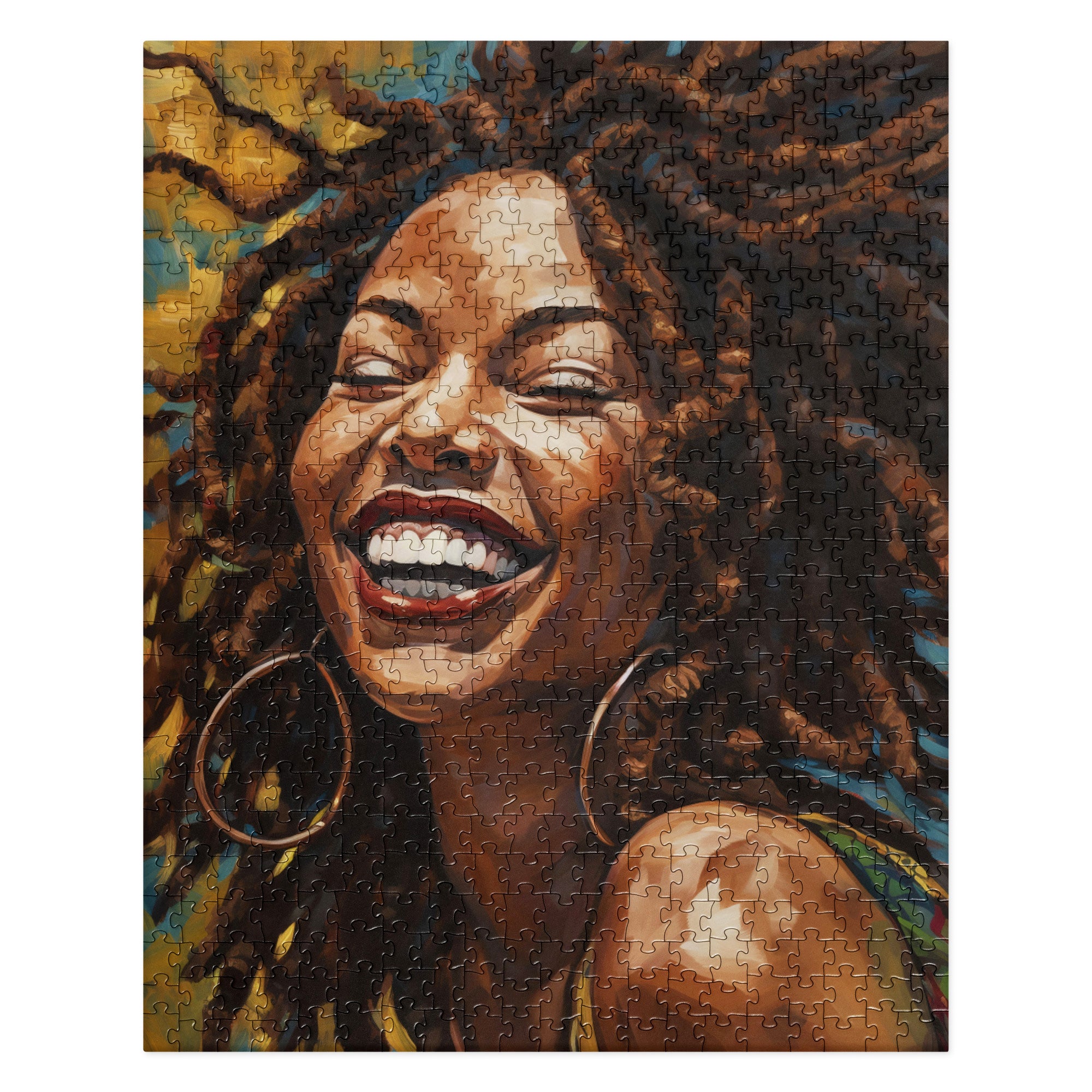 Afro Locs Girl Jigsaw Puzzle featuring a beautiful African American woman with natural locs, smiling radiantly. A celebration of Black beauty, culture, and self-love with vibrant artwork perfect for puzzle enthusiasts and art lovers.