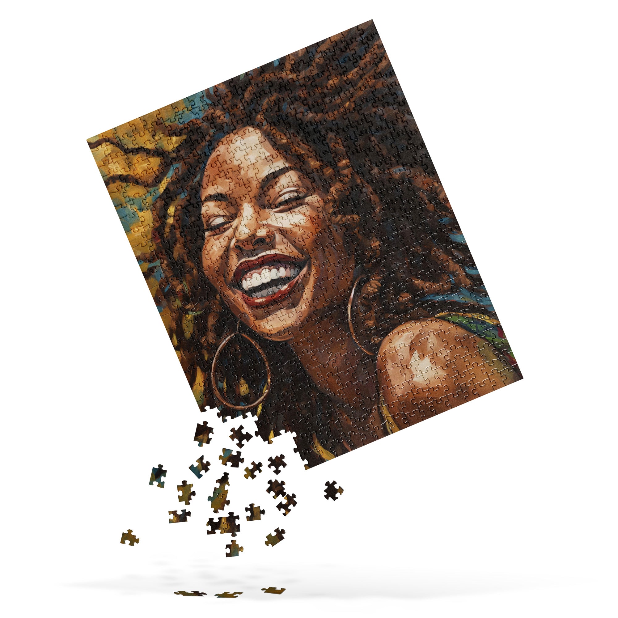 Afro Locs Girl Jigsaw Puzzle featuring a beautiful African American woman with natural locs, smiling radiantly. A celebration of Black beauty, culture, and self-love with vibrant artwork perfect for puzzle enthusiasts and art lovers.