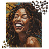 Afro Locs Girl Jigsaw Puzzle featuring a beautiful African American woman with natural locs, smiling radiantly. A celebration of Black beauty, culture, and self-love with vibrant artwork perfect for puzzle enthusiasts and art lovers.