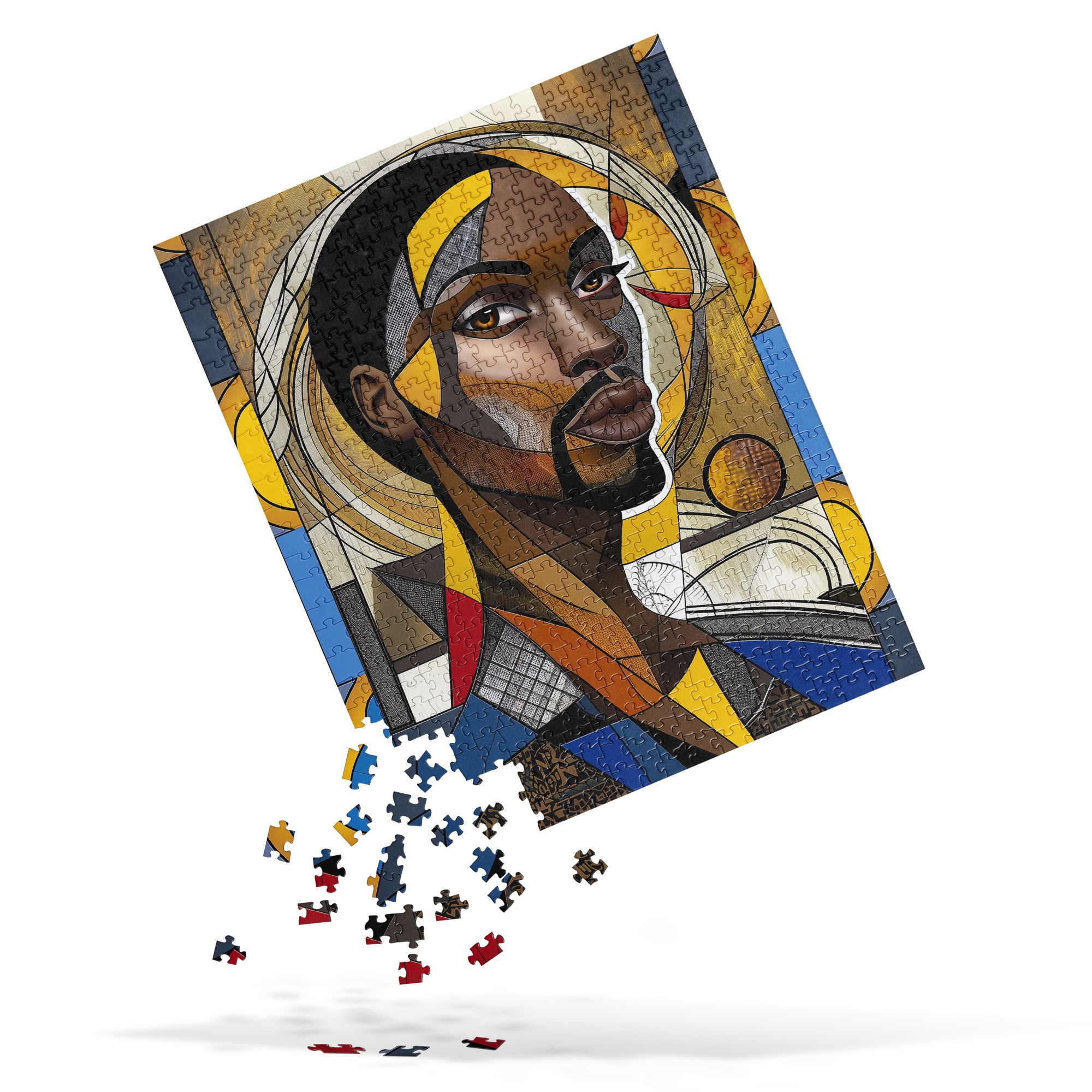 Black Saint Jigsaw Puzzle featuring an Afrocentric abstract mosaic of Black Jesus. A powerful and artistic tribute to Black spirituality, culture, and faith, perfect for art therapy and meaningful gifting.
