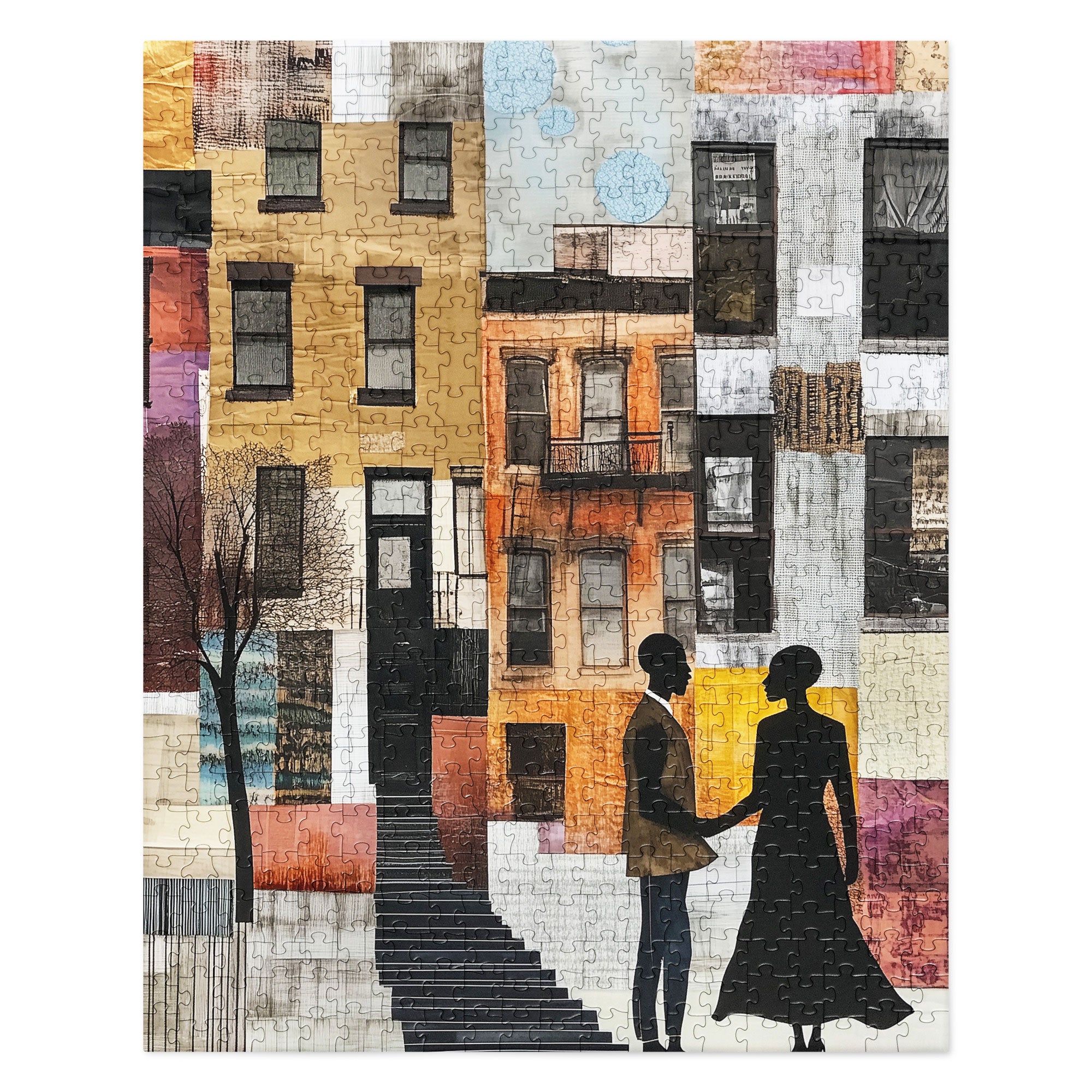 Jigsaw puzzle featuring a romantic scene of a Black couple in front of iconic Harlem brownstones. Depicts love, connection, and Harlem neighborhood lifestyle in an artistic and meaningful design.