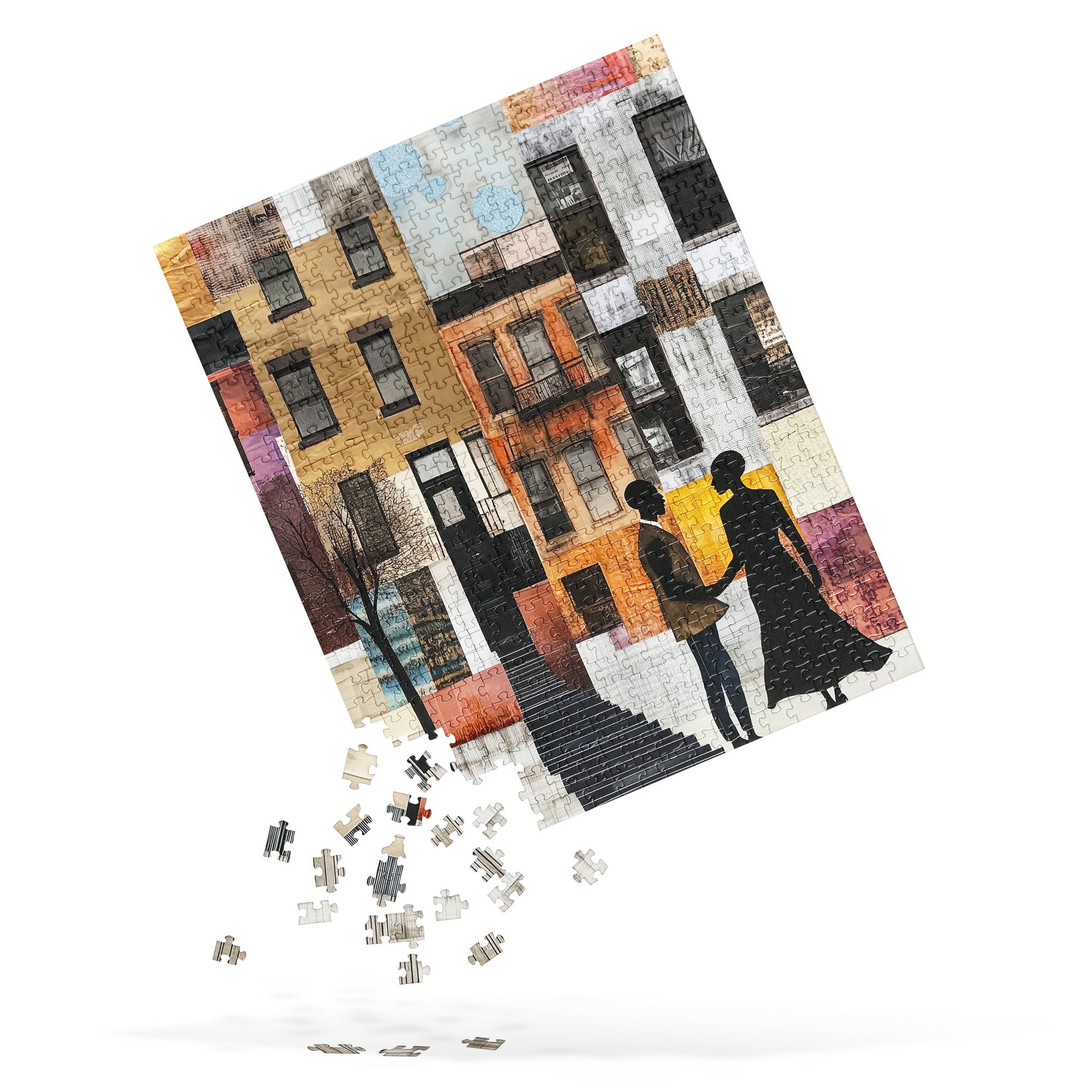 Jigsaw puzzle featuring a romantic scene of a Black couple in front of iconic Harlem brownstones. Depicts love, connection, and Harlem neighborhood lifestyle in an artistic and meaningful design.