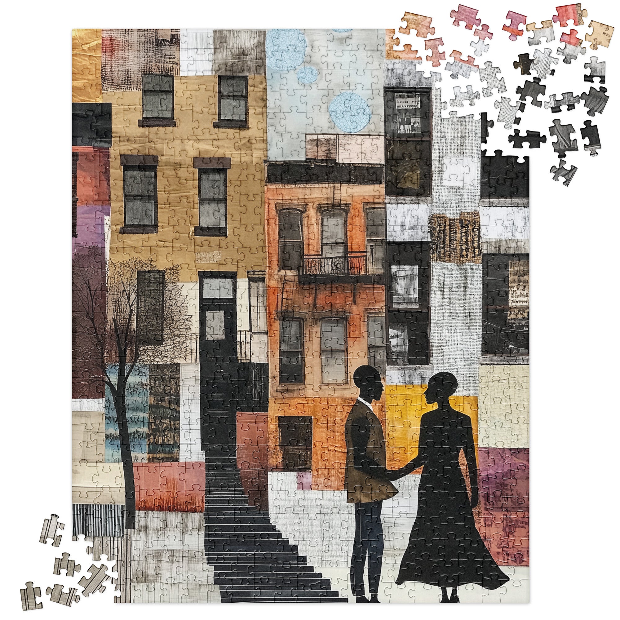 Jigsaw puzzle featuring a romantic scene of a Black couple in front of iconic Harlem brownstones. Depicts love, connection, and Harlem neighborhood lifestyle in an artistic and meaningful design.