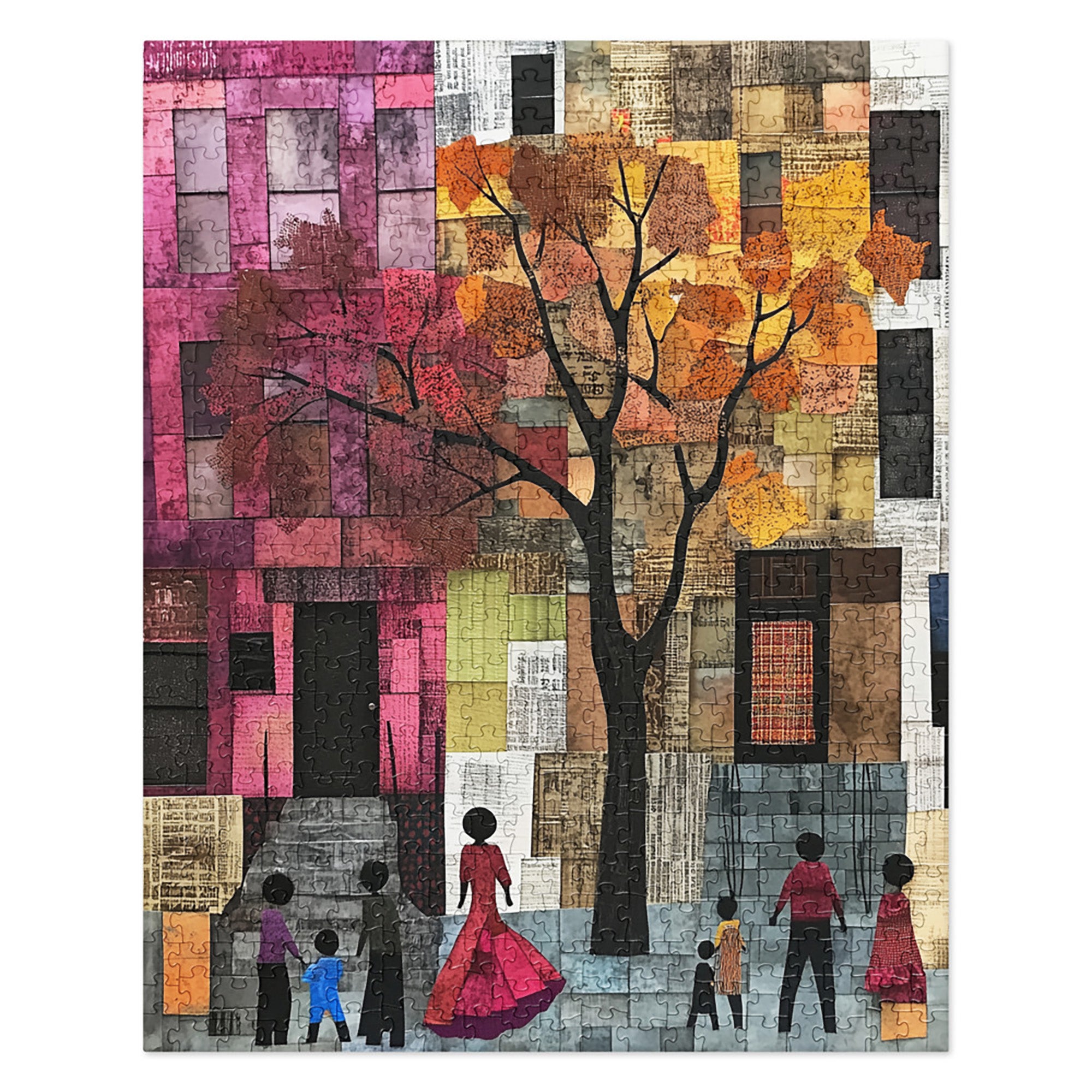 Afrocentric jigsaw puzzle featuring abstract African American art of Harlem street life. Silhouette figures walk through a patchwork-inspired cityscape with bold colors and geometric patterns, celebrating Black culture and community.