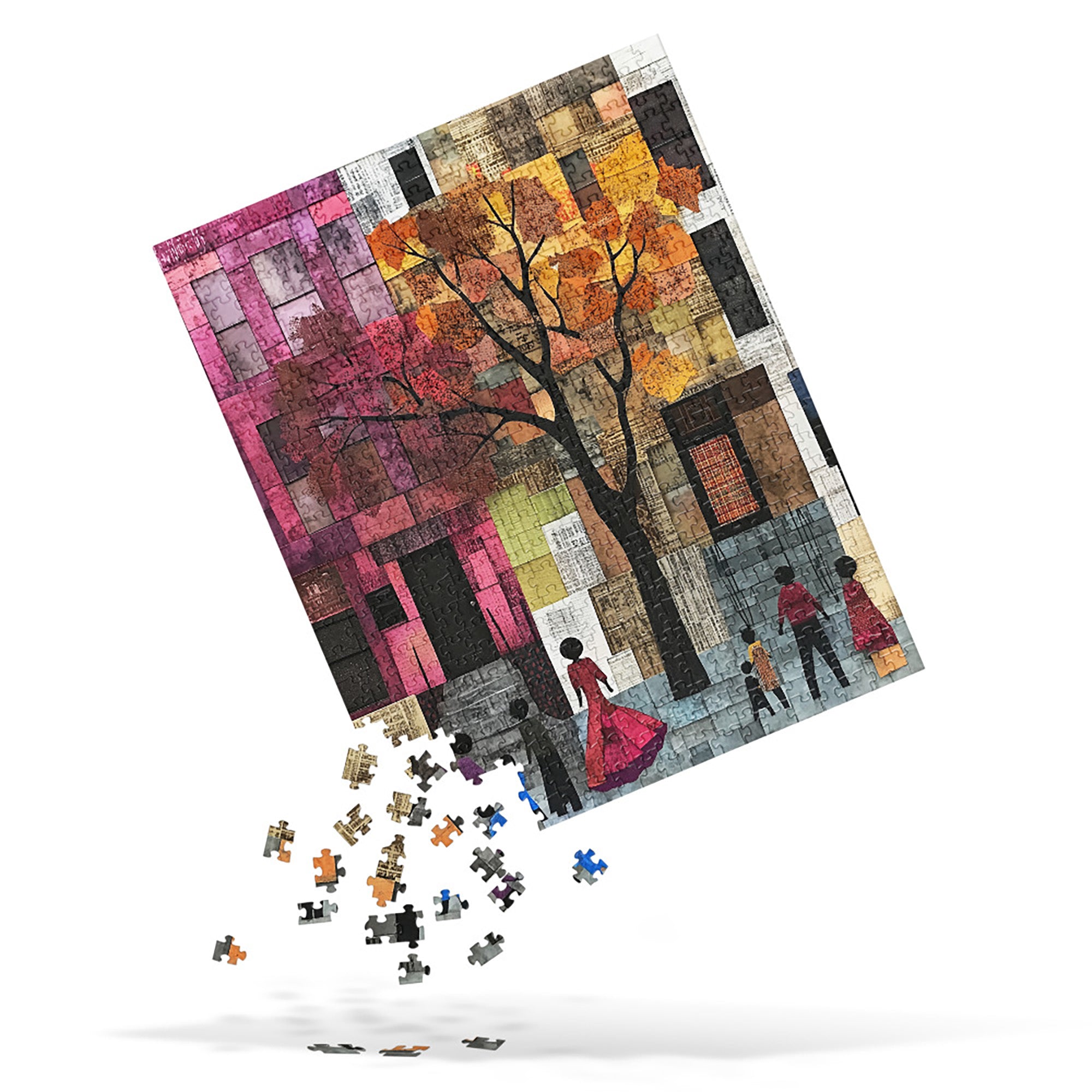 Afrocentric jigsaw puzzle featuring abstract African American art of Harlem street life. Silhouette figures walk through a patchwork-inspired cityscape with bold colors and geometric patterns, celebrating Black culture and community.