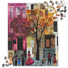 Afrocentric jigsaw puzzle featuring abstract African American art of Harlem street life. Silhouette figures walk through a patchwork-inspired cityscape with bold colors and geometric patterns, celebrating Black culture and community.