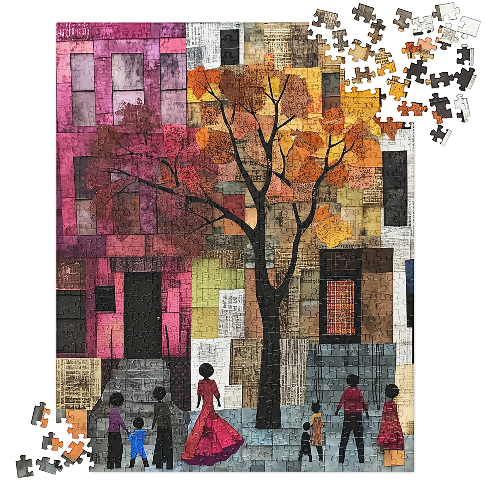 Afrocentric jigsaw puzzle featuring abstract African American art of Harlem street life. Silhouette figures walk through a patchwork-inspired cityscape with bold colors and geometric patterns, celebrating Black culture and community.
