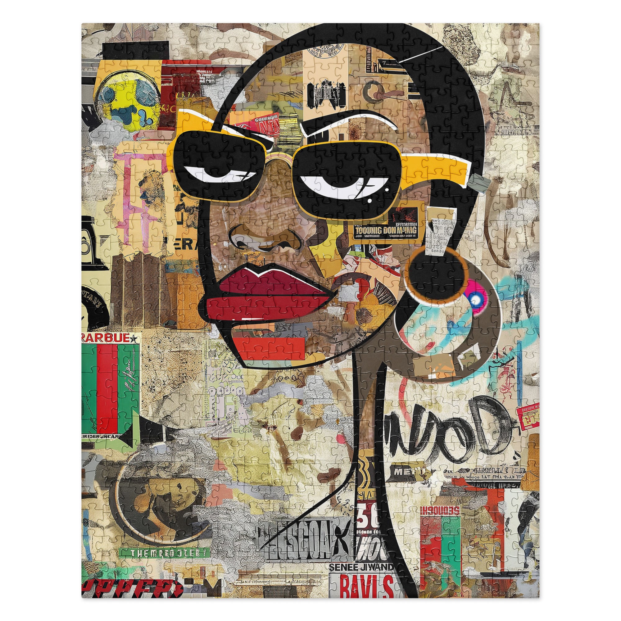 Boss Babe  Black Woman Puzzle Cartoon Graffiti Style Jigsaw Puzzle African American Girl Fashion Stylish Yellow Frame Eyeglasses Art Family Game Gift.  When completed, frame this jigsaw puzzle and hang to add to your decor.