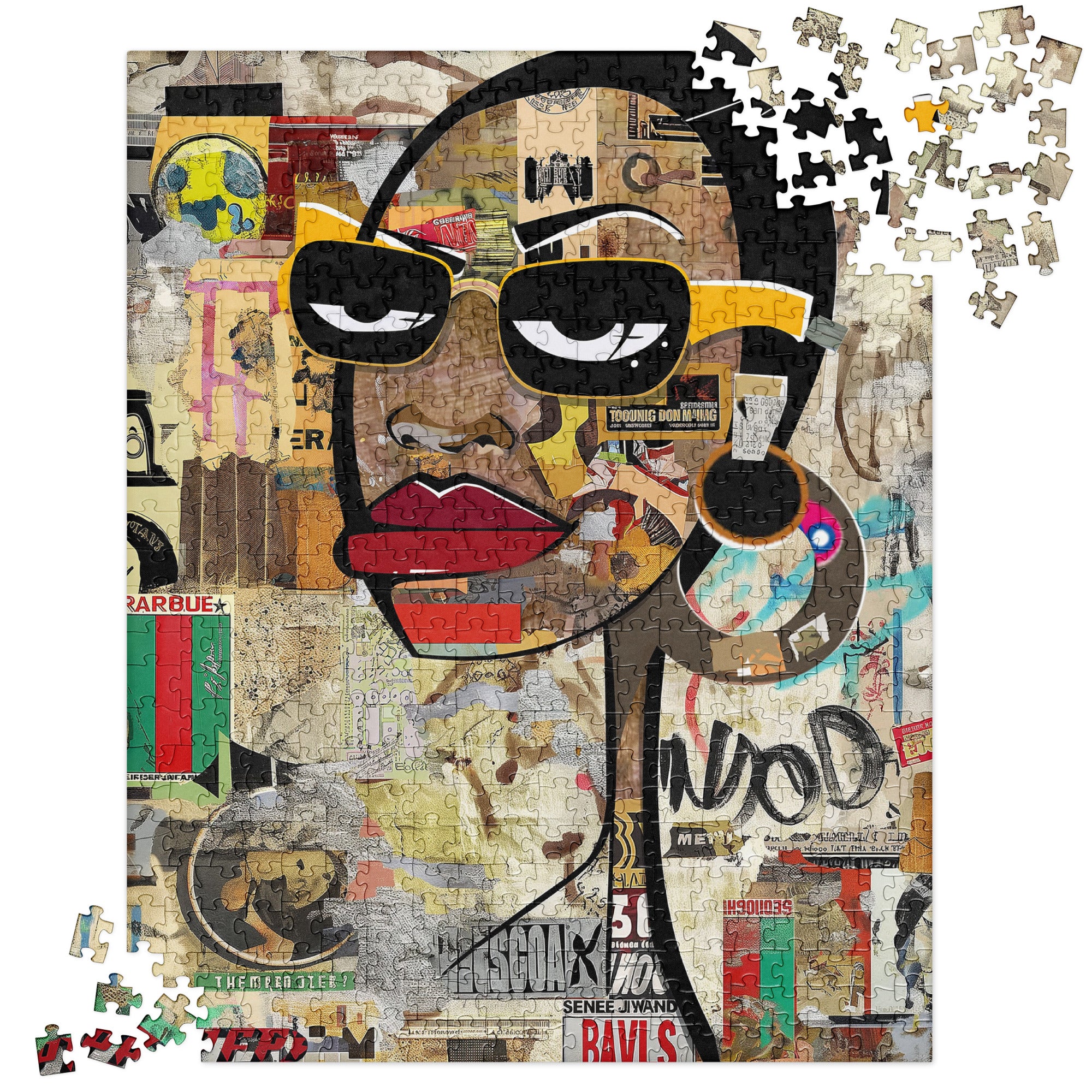 Boss Babe  Black Woman Puzzle Cartoon Graffiti Style Jigsaw Puzzle African American Girl Fashion Stylish Yellow Frame Eyeglasses Art Family Game Gift.  When completed, frame this jigsaw puzzle and hang to add to your decor.