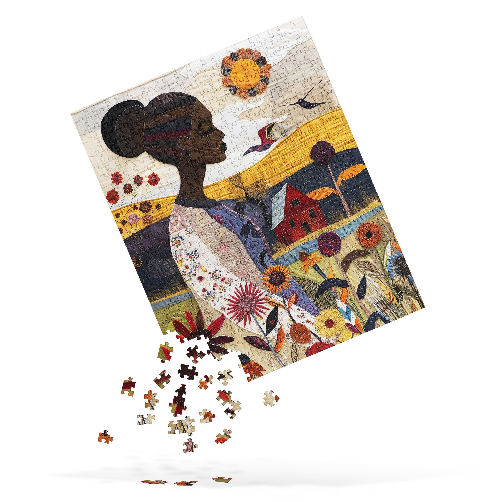 Garden Oasis Black Woman Jigsaw Puzzle featuring a floral nature scene. A perfect gift for gardening lovers and a beautiful Afrocentric art therapy activity celebrating African American women.