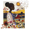 Garden Oasis Black Woman Jigsaw Puzzle featuring a floral nature scene. A perfect gift for gardening lovers and a beautiful Afrocentric art therapy activity celebrating African American women.