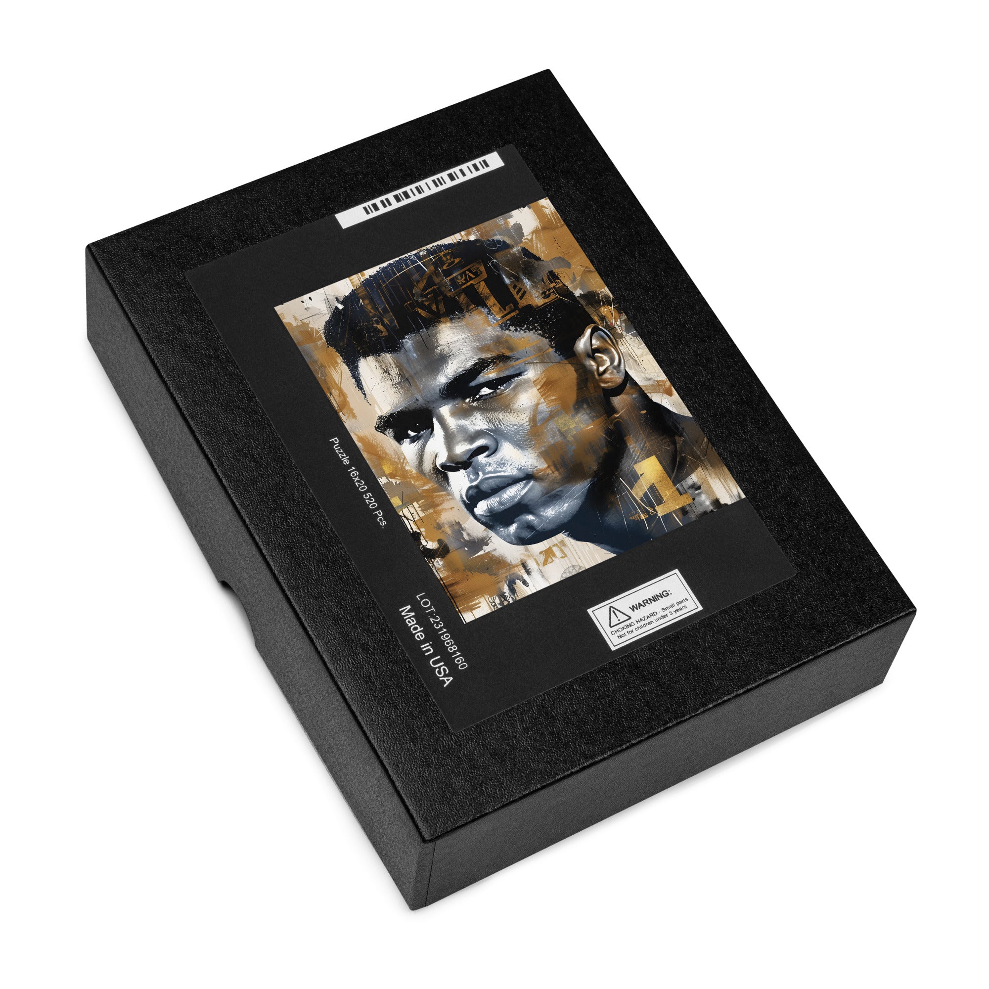 Muhammad Ali Jigsaw Puzzle featuring Afrocentric artwork of the legendary heavyweight boxing champion, known as the G.O.A.T., in a bold and inspiring design.