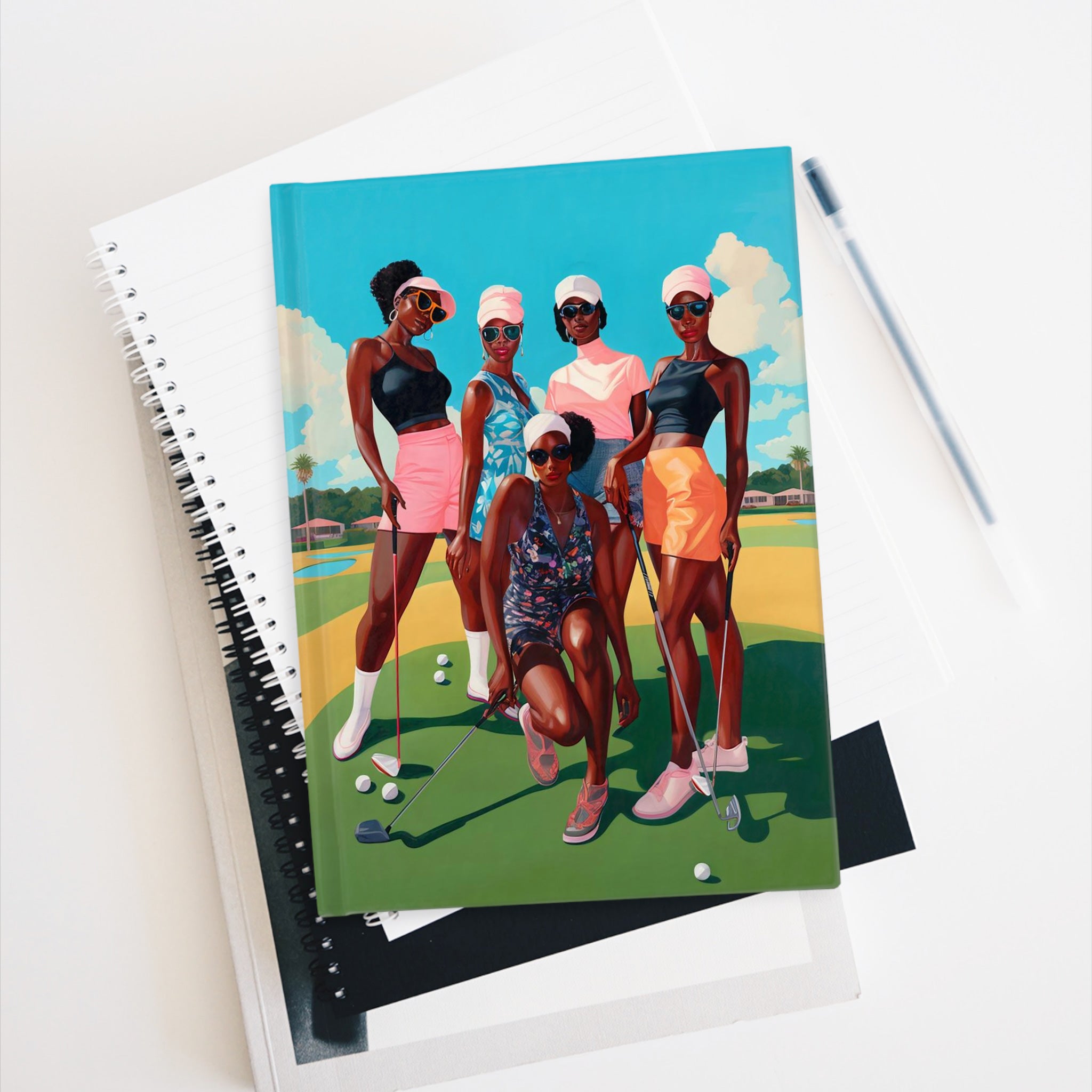 Black Woman Golf Journal designed for African American female golfers to track daily scores, progress and setting goals. A stylish and practical gift for golf lovers featuring beautiful Black woman artwork.