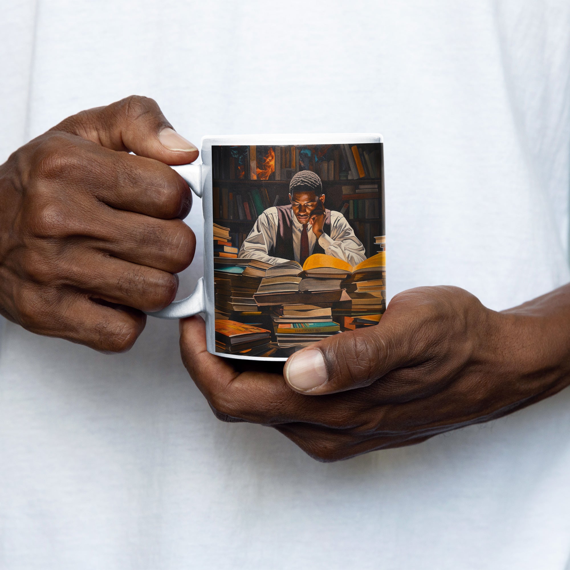 Model holding the Black Male Student Mug.