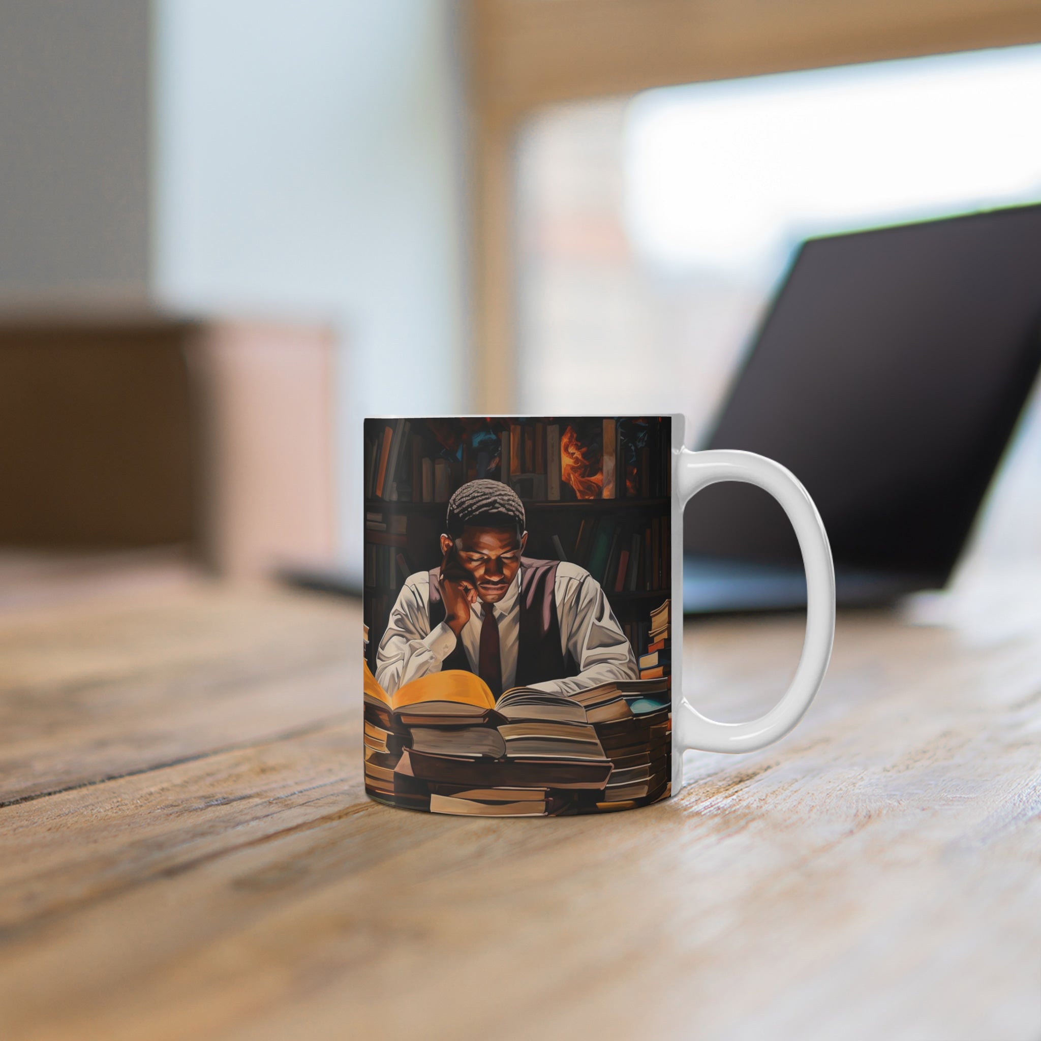 Desk view of Black Male Student Mug.