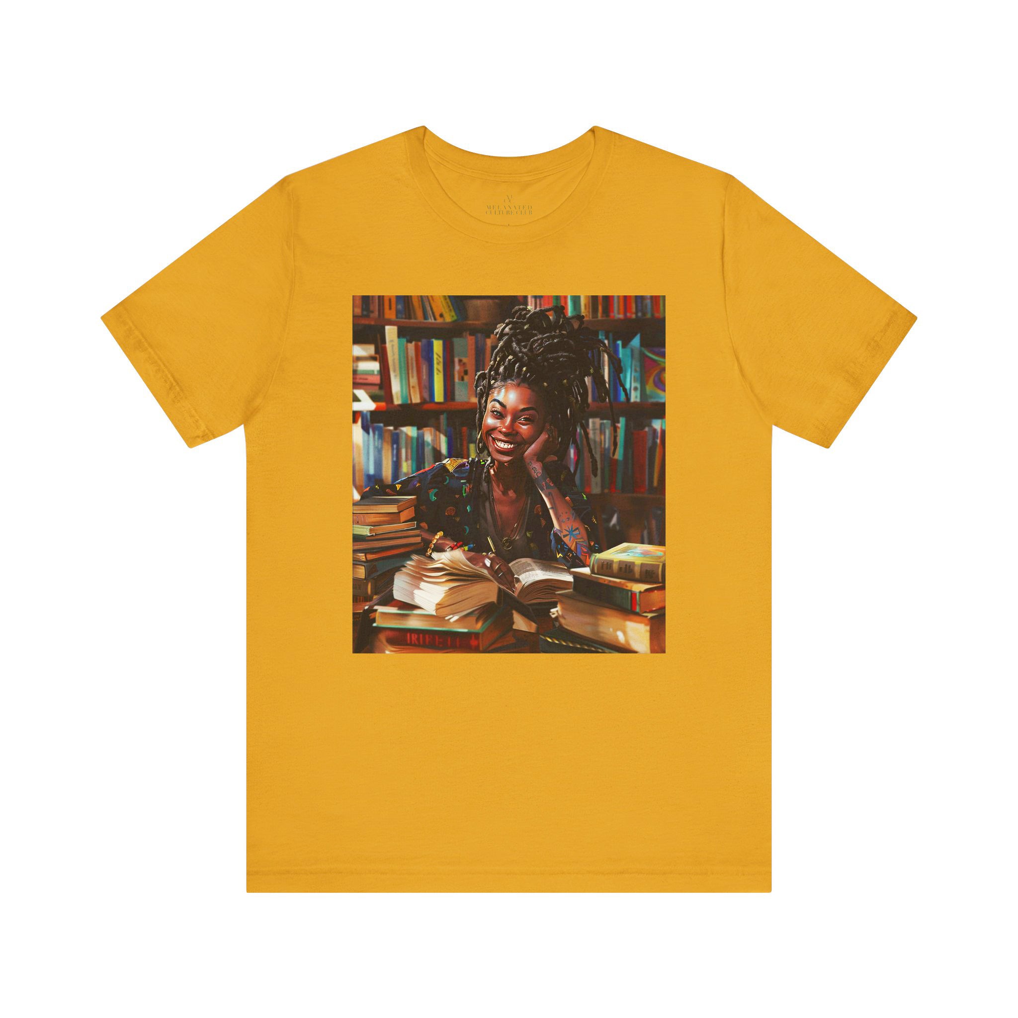 Black Girl Student Tee featuring a happy Black girl with dreadlocks studying in a library, surrounded by books. A stylish and empowering shirt celebrating Black college students and education.