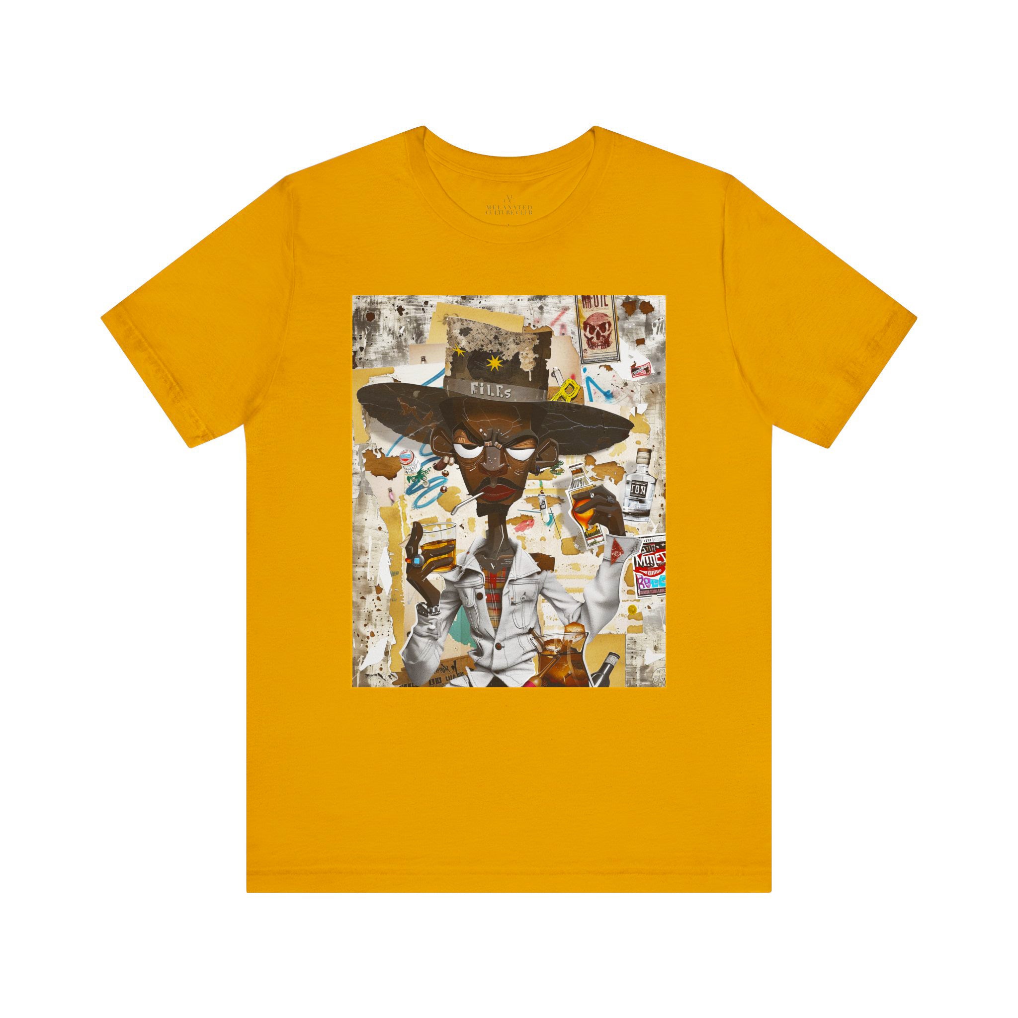 Cowboy Tee featuring a cartoon-style African American cowboy smoking a cigarette and drinking whiskey. A bold, graffiti collage pop art design with an edgy Western and Afrocentric cultural vibe.