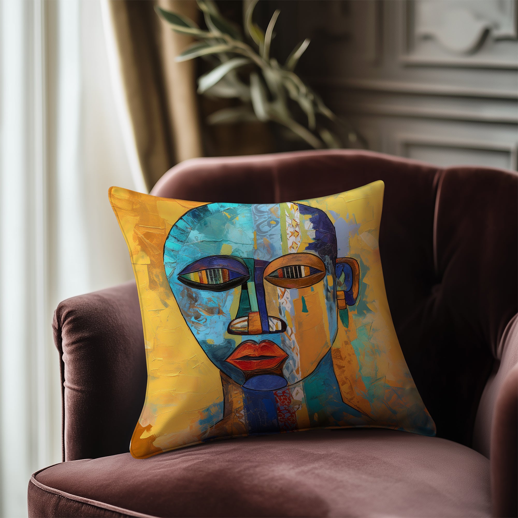African Mask Faux Suede Square Pillow featuring an abstract African mask design in vibrant gold, teal, and orange colors. Afrocentric home decor accent for sofa or bed, celebrating African culture and modern abstract art.