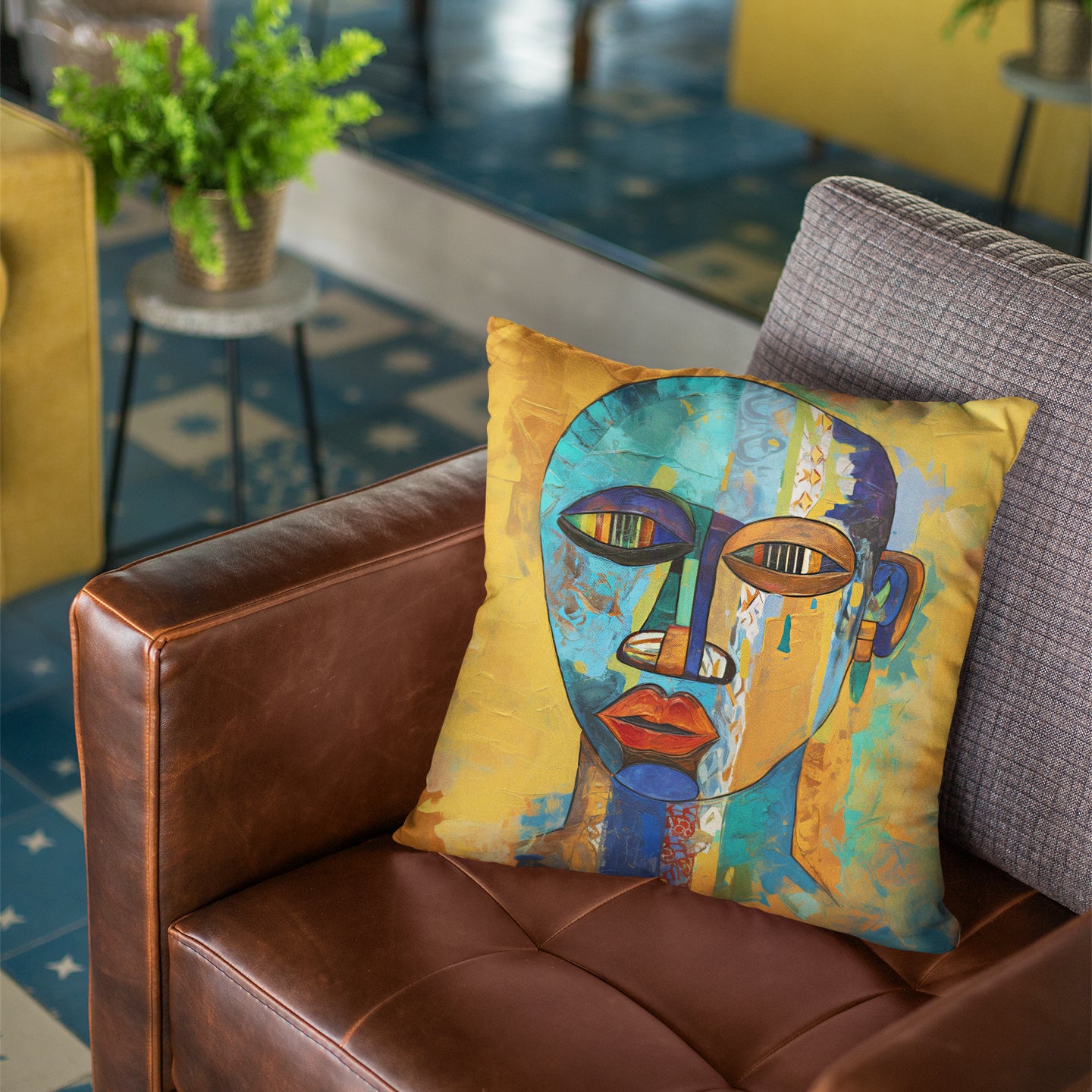 African Mask Faux Suede Square Pillow featuring an abstract African mask design in vibrant gold, teal, and orange colors. Afrocentric home decor accent for sofa or bed, celebrating African culture and modern abstract art.