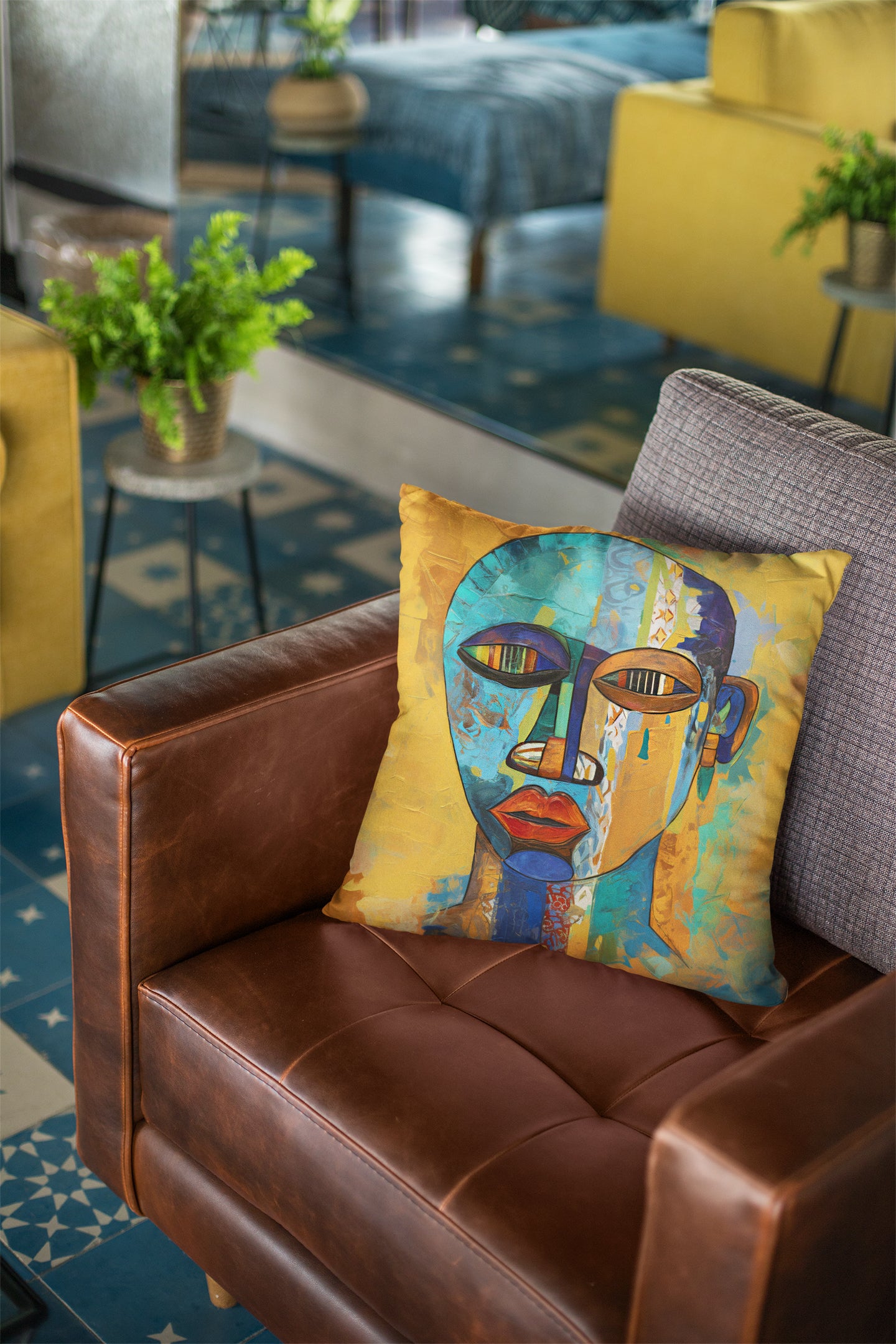 African Mask Faux Suede Square Pillow featuring an abstract African mask design in vibrant gold, teal, and orange colors. Afrocentric home decor accent for sofa or bed, celebrating African culture and modern abstract art.