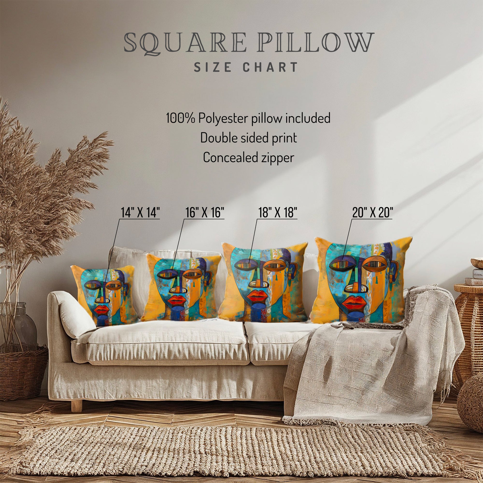 African Mask Faux Suede Square Pillow featuring an abstract African mask design in vibrant gold, teal, and orange colors. Afrocentric home decor accent for sofa or bed, celebrating African culture and modern abstract art.